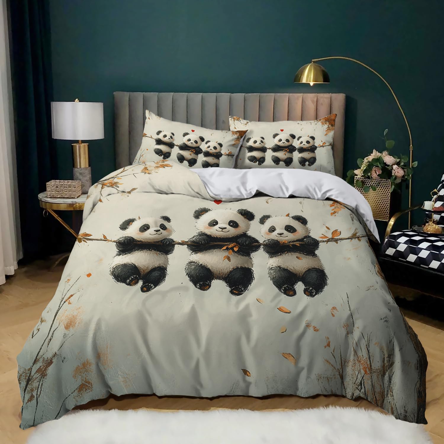 Bonita Funda Nórdica 135x200 cm de Panda para Niños, Juego de Cama con Estampado de Animales de Panda de Dibujos Animados para Dormitorio de Niños y Niñas, Funda de Edredón con Estampado de Hoja