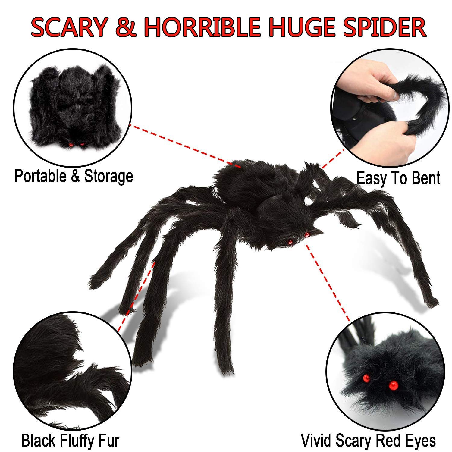 2 Arañas Gigantes De Halloween - Peludas, 90cm Y 75cm, Para Decoración Exterior E Interior De Fiestas
