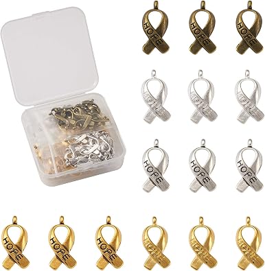 KISSITTY 100pcs/box Alloy Word Hope Ribbon Charm Mixed Color Breast Cancer Awareness Ribbon Pendant Carved Tibetan Style Message Pendant DIY Accessories for Jewelry Making Craft 0.710.75x0.30.31