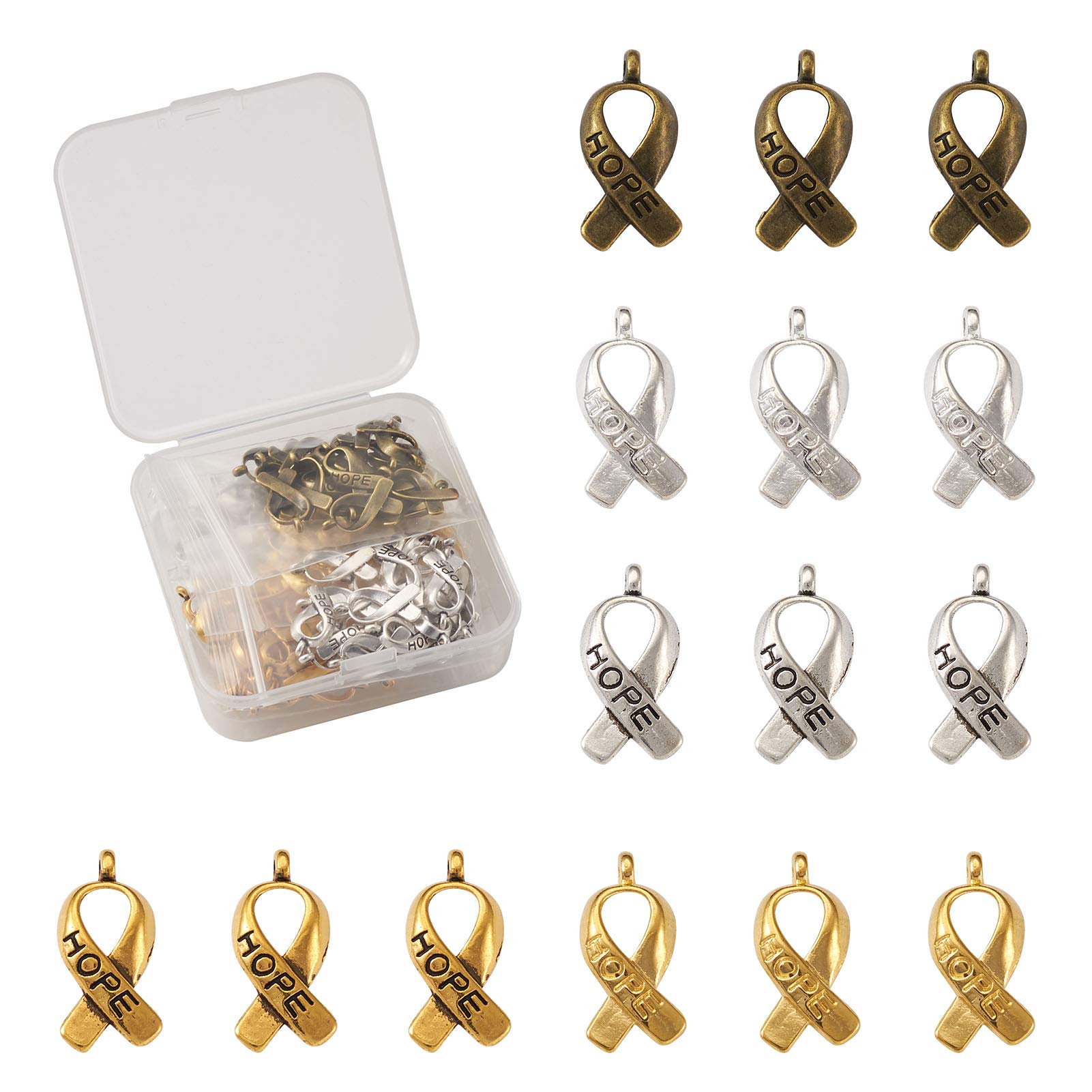 FASHEWELRY 100pcs/box Tibetan Breast Cancer Awareness Charms 5 Styles Hope Ribbon Pendants 19x7.5mm for DIY Jewellery Crafts Making