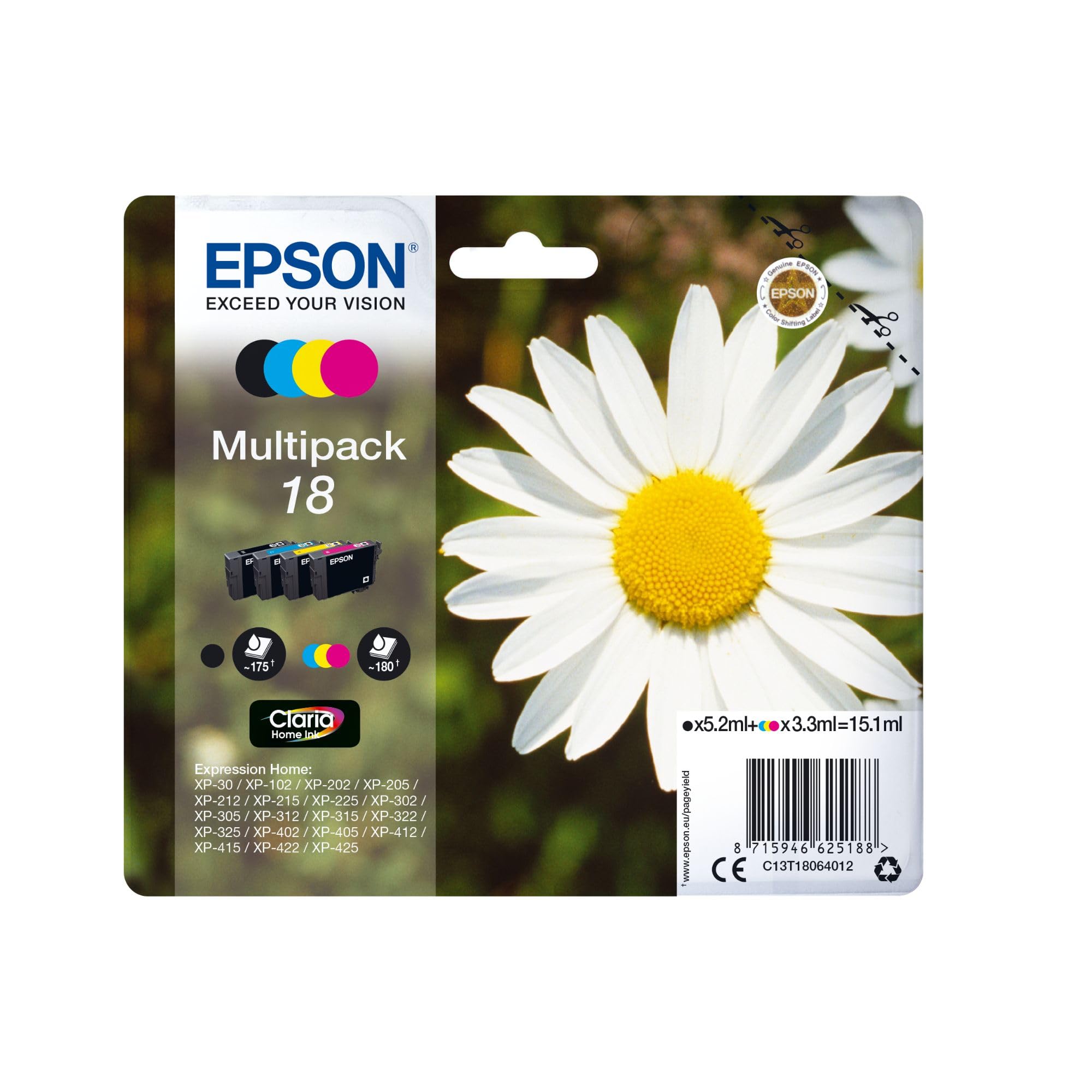 Multipack Di Cartucce Originali Epson Claria Margherita 18XL - 4 Colori: Cartuccia Nero, Ciano, Magenta, Giallo - 1 X 11,5 Ml, 3 X 3,6 Ml - I Migliori Risultati Con Gli Inchiostri Originali Epson-image