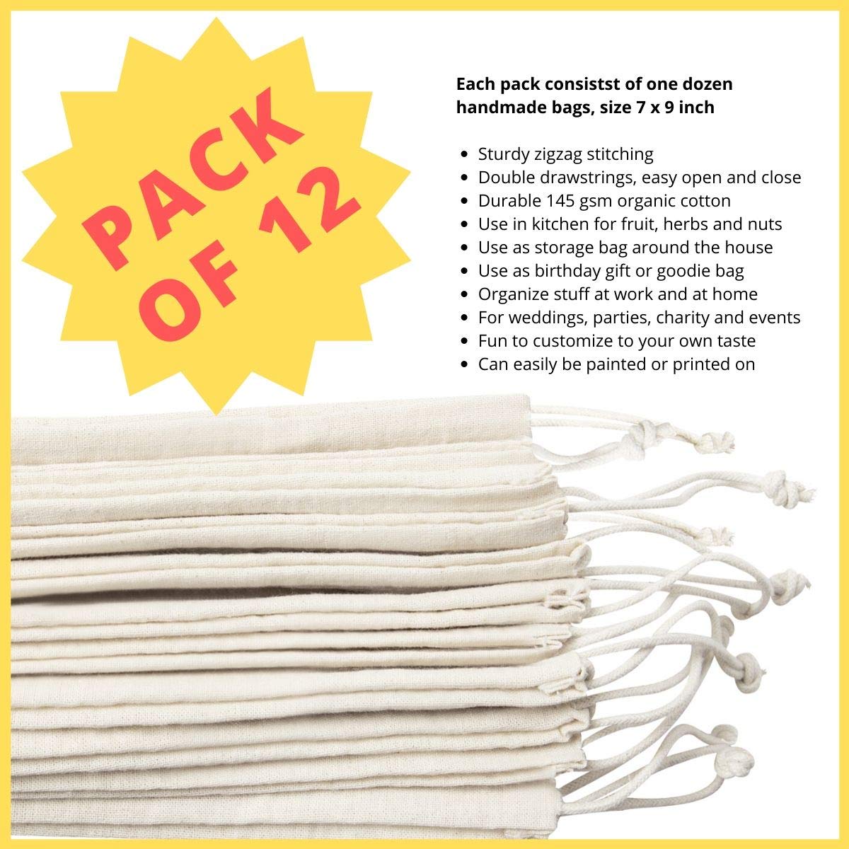 Amazon.co.jp: 100％コットン ムスリン 巾着袋、収納用 パントリー