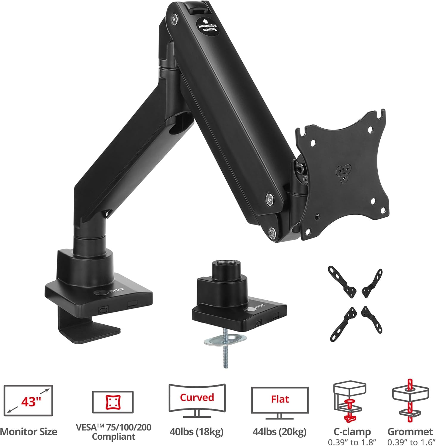 SIIG Single Monitor Desk Mount, 17" to 43", Heavy-Duty Premium Gas Spring, Fits Flat/Curved/Ultrawide Monitor, Load 33 lbs Max, VESA 75x75 100x100, 200x200, C-Clamp and Grommet Base (CE-MT2Z11-S1)