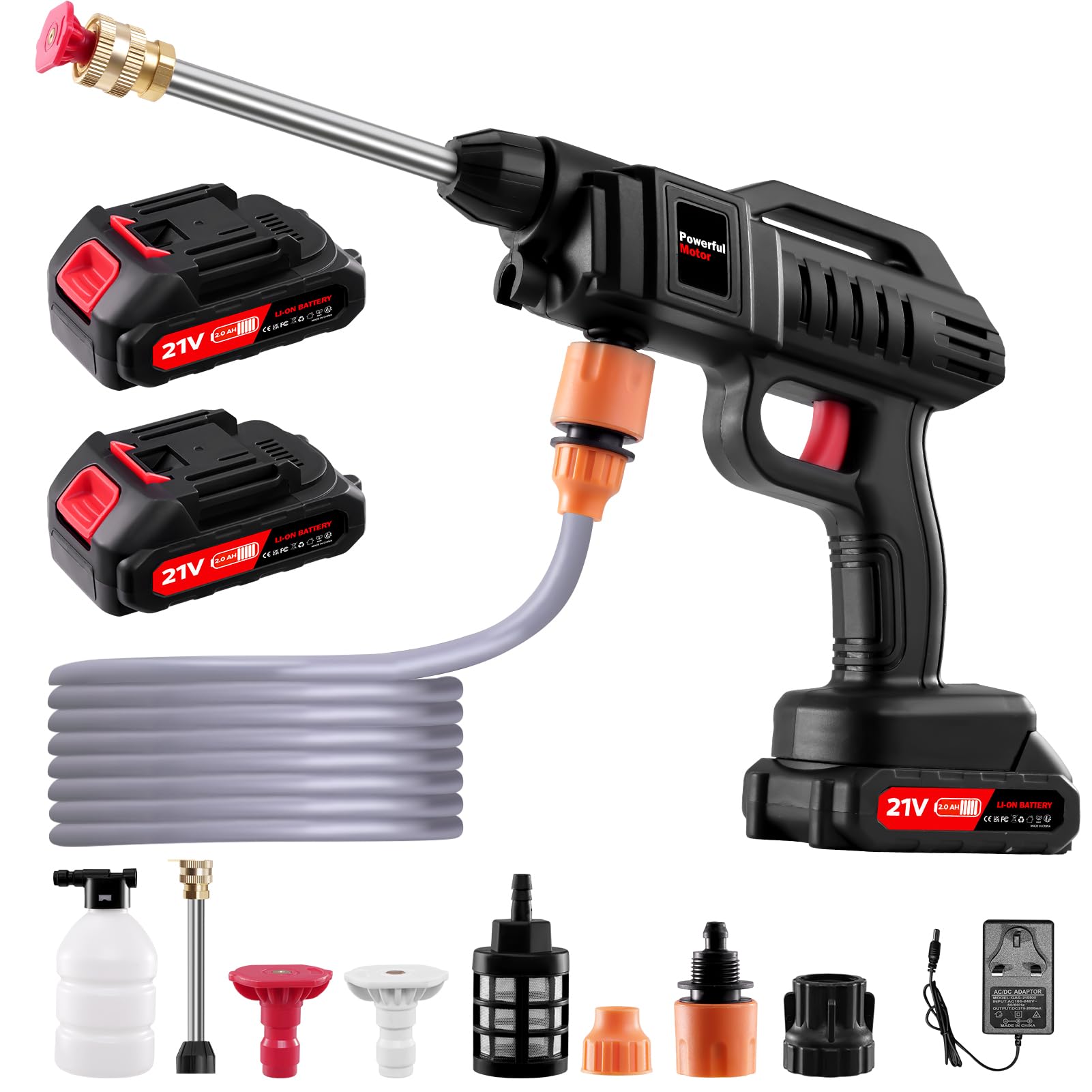 Worshow Cordless Pressure Washer, 21V 1500W Portable High Pressure Washer, 60Bar Handheld Power Washers, Jet Wash with 2 Battery, 2 Nozzle,5m Hose, Car Cleaning Kit, Garden Sprayer for Car Floor Patio