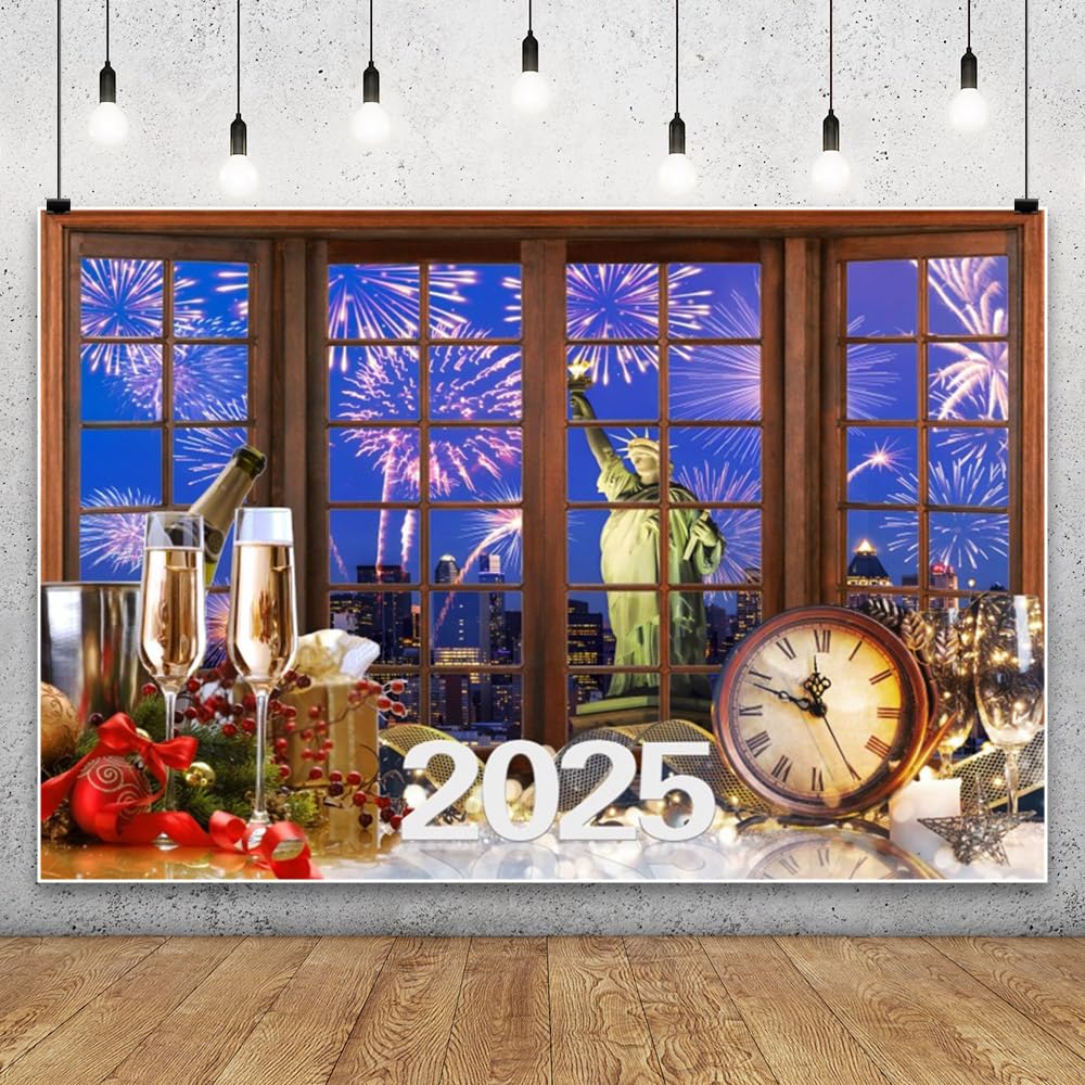 8x6.5ft Vinyl XMJJKUF 2025 Happy New Year Backdrop Modern City Nightscape Window Scenery Fireworks Statue of Liberty Champagne Xmas Ball Countdown
