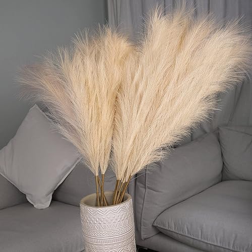 MAXROCK Faux Pampas Grass, 3PCS Large Tall 43" Fluffy Artificial Pampas Grass, Fake Pompous Grass for Boho Decor Home Kitchen Wedding Decoration Floor Vase Filler (Cream)