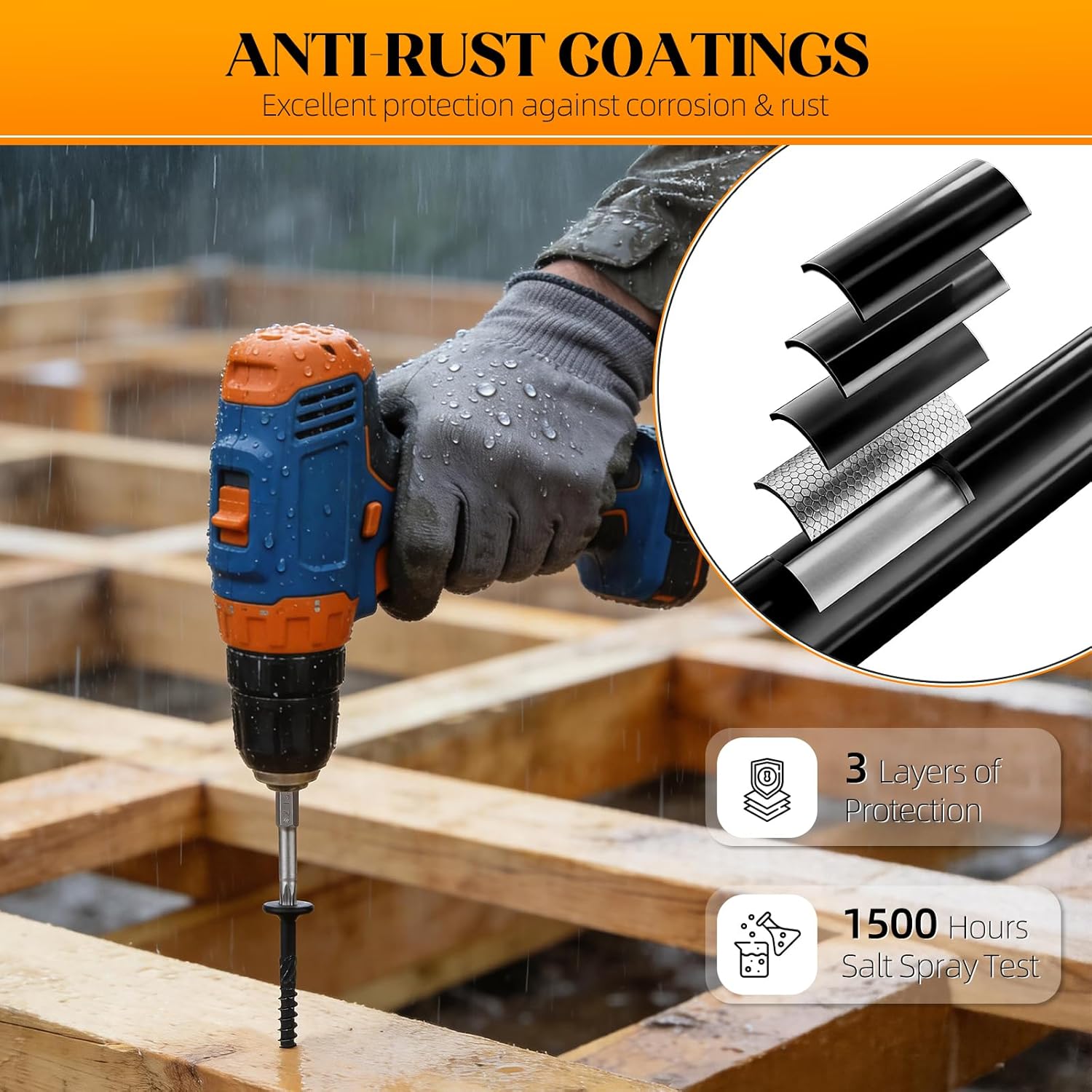 Kryonix Structural Lag Screws #14 x 2-7/8 Inch, 250-PCS Wood Screws, Black Deck Screws, Heavy Duty Exterior Construction Screws, Star Torx Drive, with T30 Bit - Rust Resistant, for Timber/Log