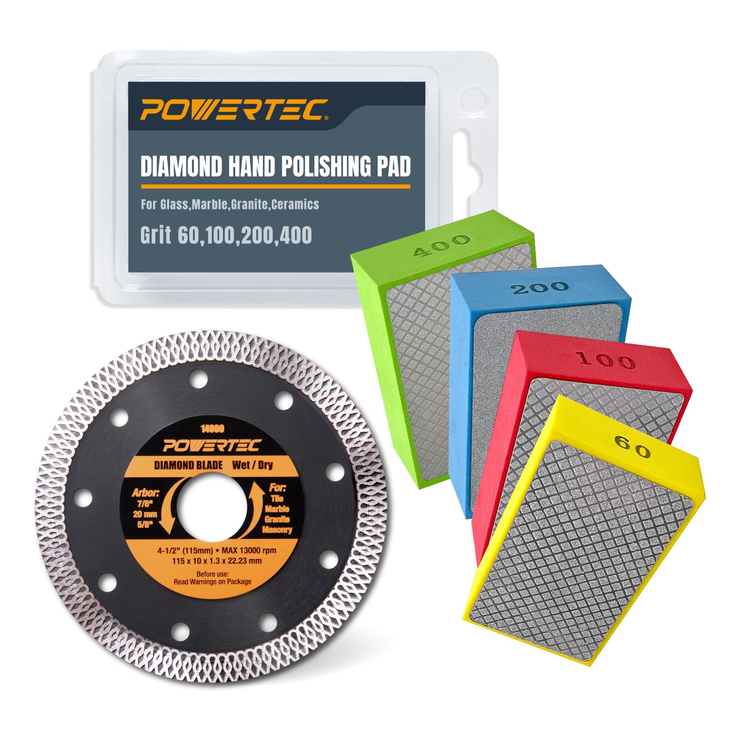 POWERTEC 72212 Kit di lama diamantata per sega a diamante e cuscinetti diamantati per lucidatura a mano, lama per piastrelle in porcellana e ceramica e blocchi abrasivi assortiti per granito, legno,