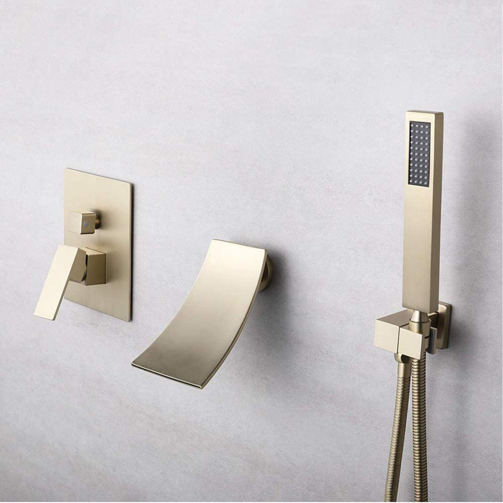 WXPGFEQ Waterfall Tub Faucet with Handheld Shower, Brushed Gold Single Handle Waterfall Bathtub Faucet, Brass Wall Mount Tub Filler Faucet for Bathroom