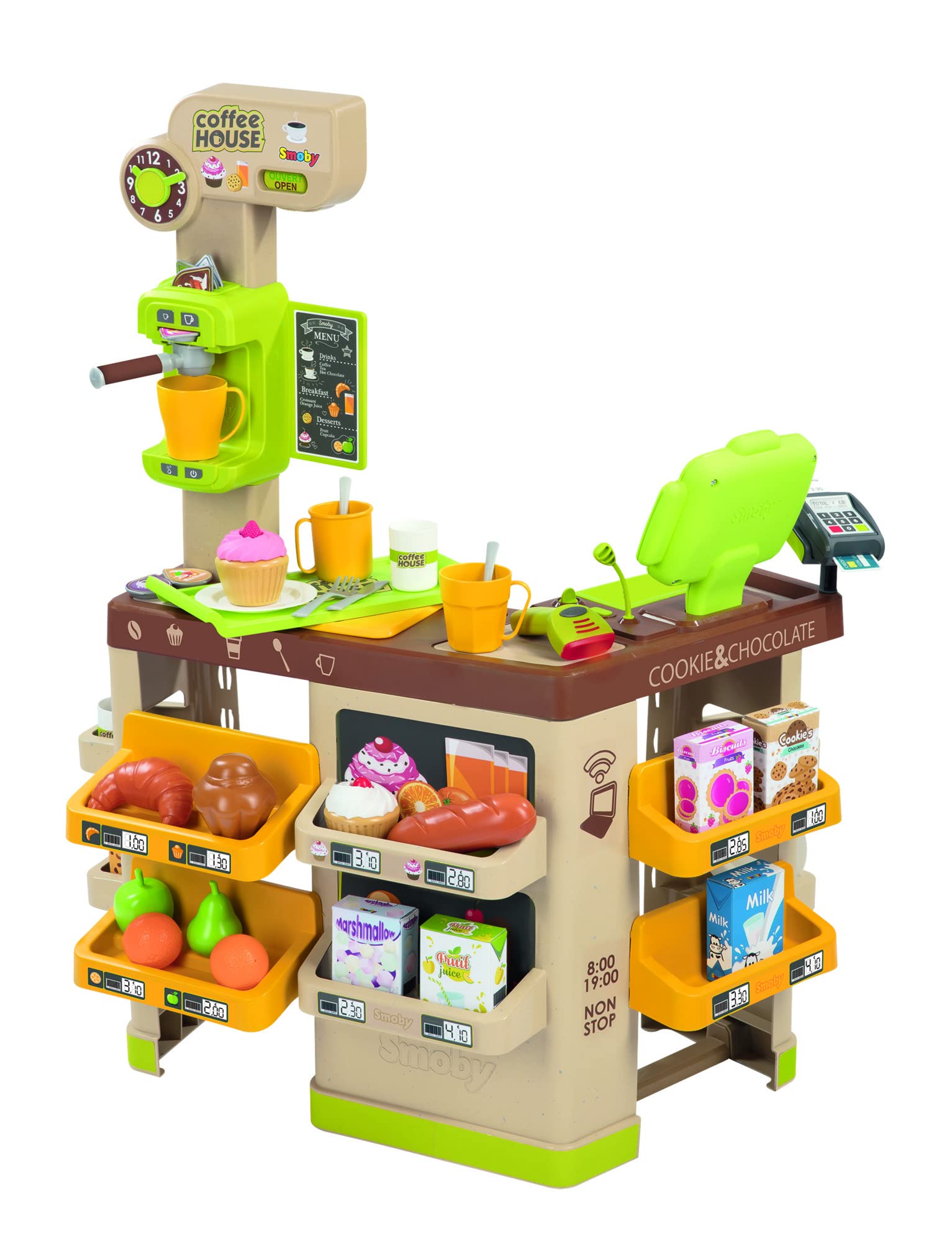 Smoby - Roleplay Coffee House, 7600350232, +3 Anni, 57 Accessori, Macchina del caffè, Registratore di Cassa, H. 89 Cm