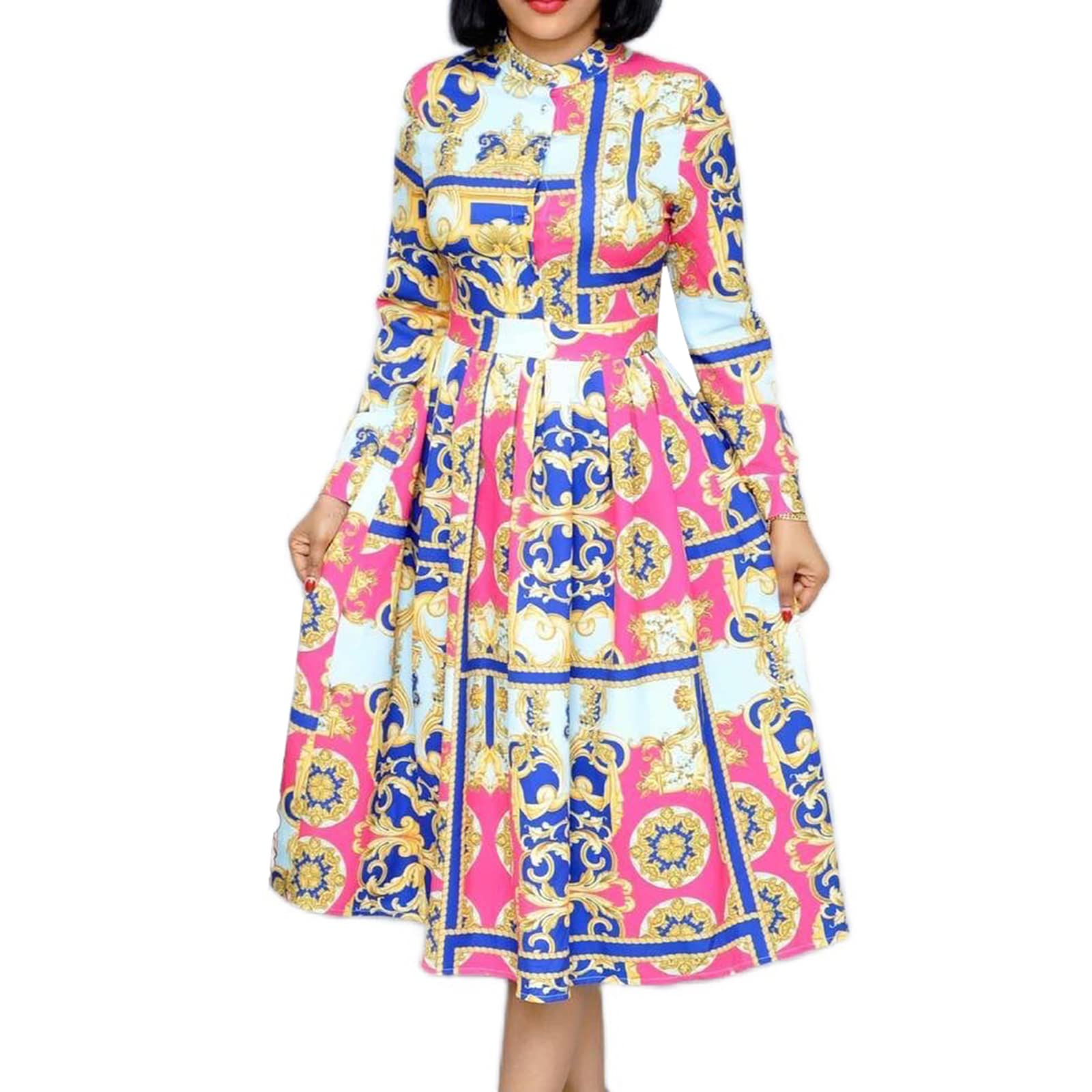 Sukienka damska, z długim rękawem damska moda codzienna z okrągłym dekoltem z nadrukiem panie elegancka długa sukienka sukienka koktajlowa elegancka sukienka typu swing