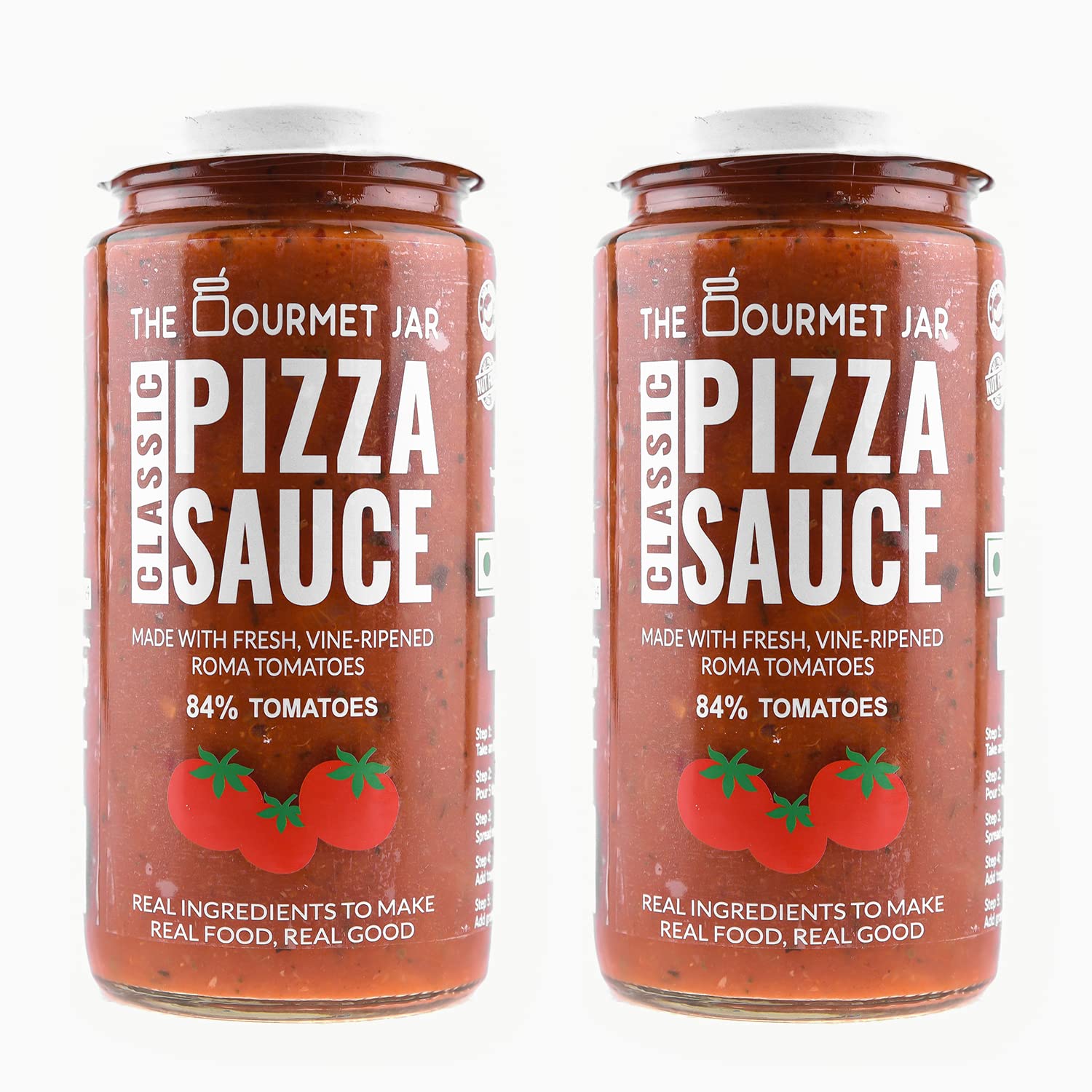 The Gourmet Jar Classic Pizza Sauce 390g| 100% Natural, No Preservatives, No Artificial Colors, No Artificial Flavouring agents| Vegan| Gluten Free| Made with Fresh Vine-Ripened Roma Tomatoes | Spread it on pizza & toasts or use it as a sandwich spread| Pack of 2