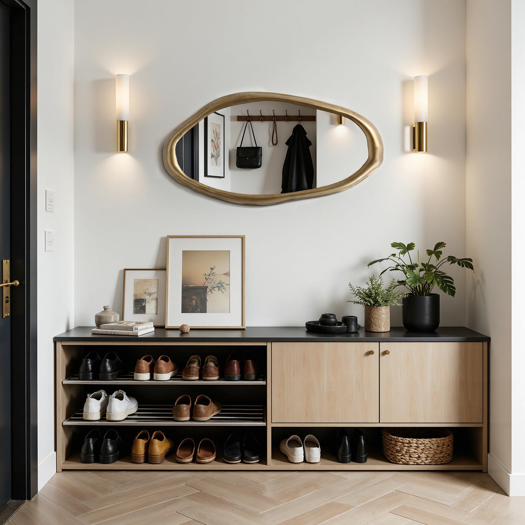 Hometopia Spiegel Asymmetrisch Gold 75x40 cm Dekorative Wandspiegel | Modern HD Spiegelglas Badspiegel mit Metallrahmen, Unregelmäßiger Spiegel für Flur Bad Badezimmer Schlafzimmer Wohnzimmer