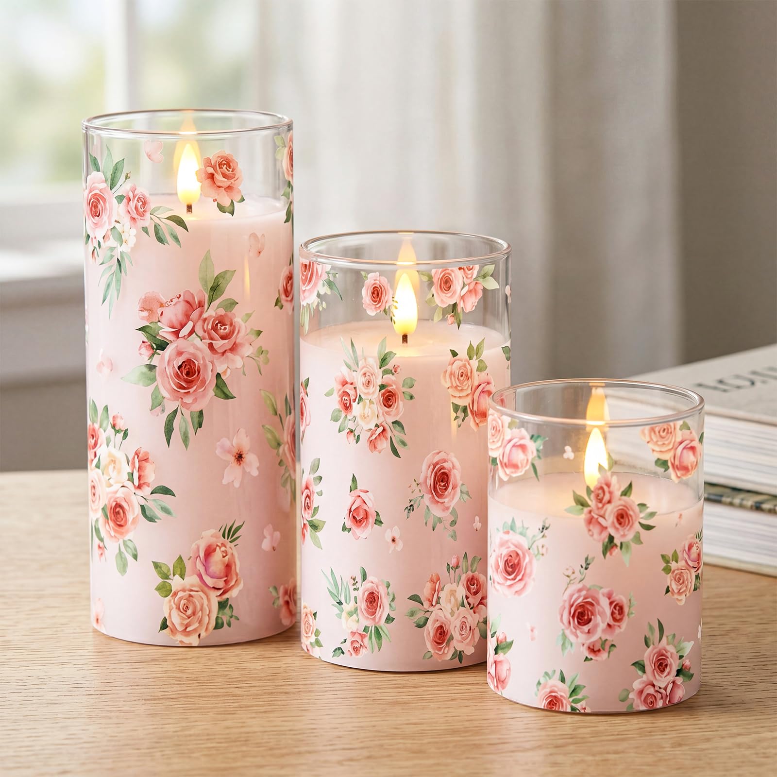 Blosssound Confezione da 3 candele senza fiamma a forma di rosa, senza fiamma, senza fiamma, LED per casa, camino, rosa, matrimonio, primavera, estate, decorazione per la casa, con timer
