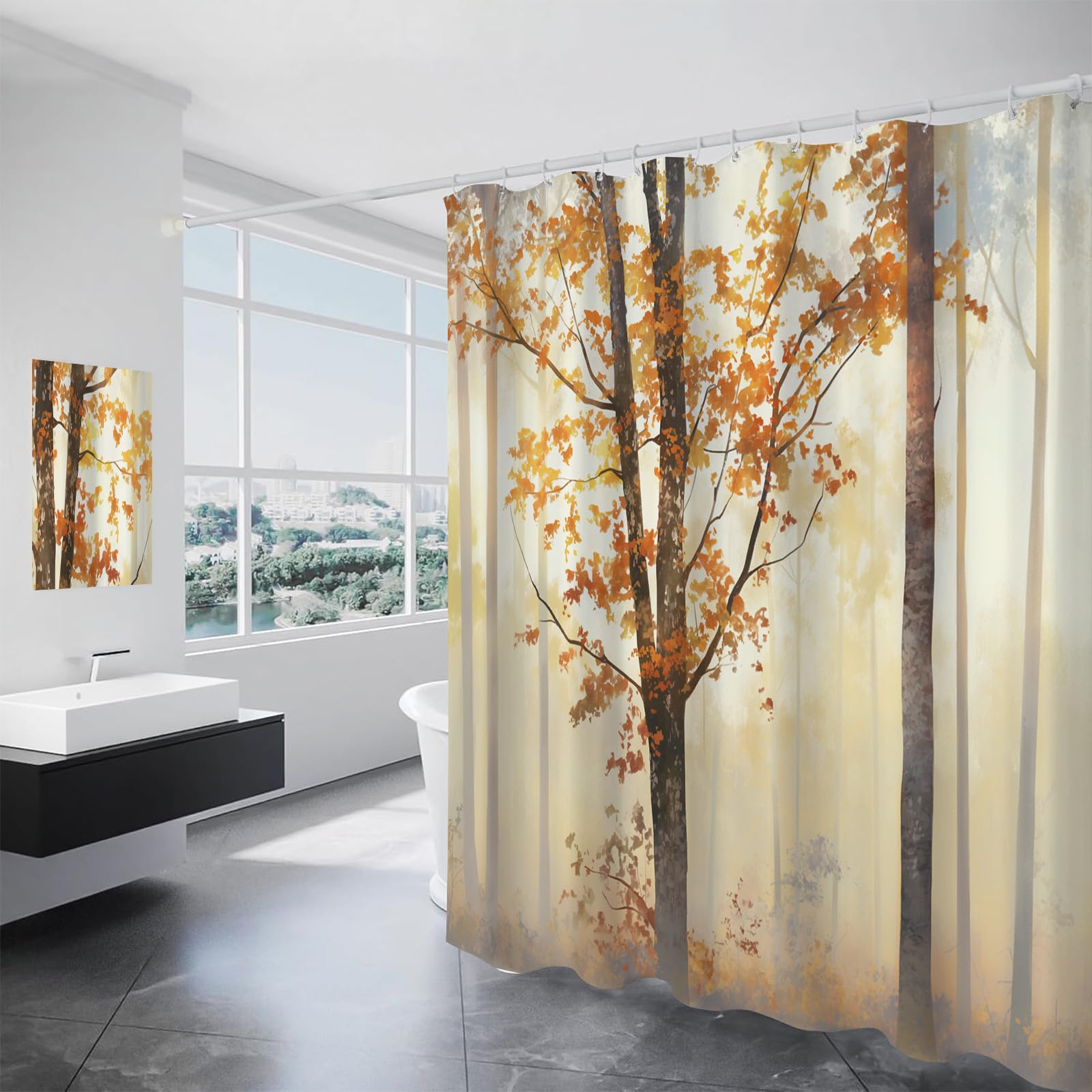 Rideau de douche imperméable feuilles automne brumeuses 180x200 cm avec crochets