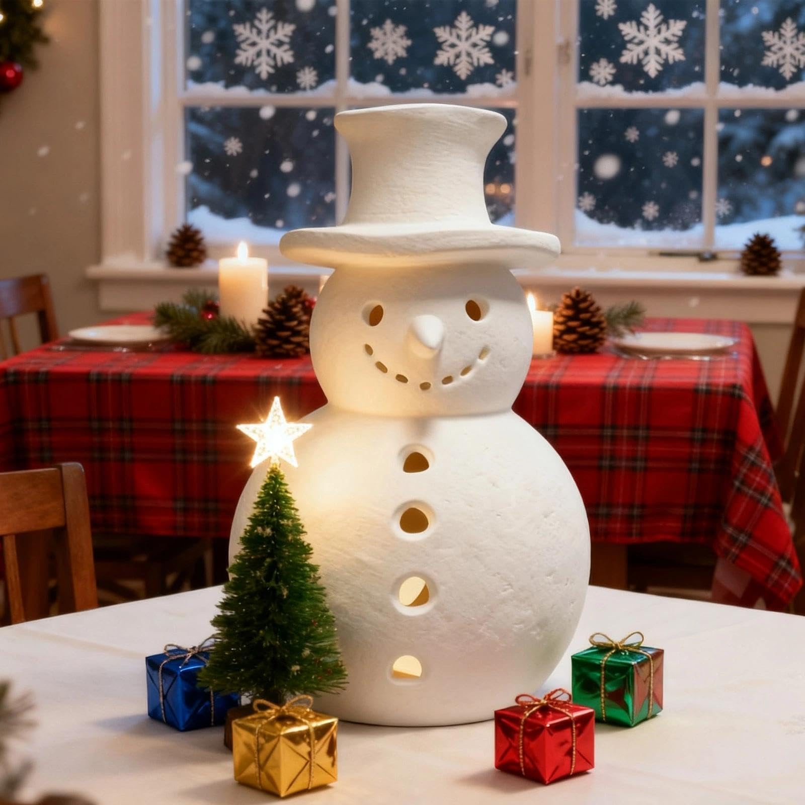 White Ter ra Cotta Snowman Decor, Handmade Terracotta Snowman Figurines, Unique Christmas Clay Winter Holiday Rustic Decorations for Home Table Room Farmhouse Indoor Outdoor (S)