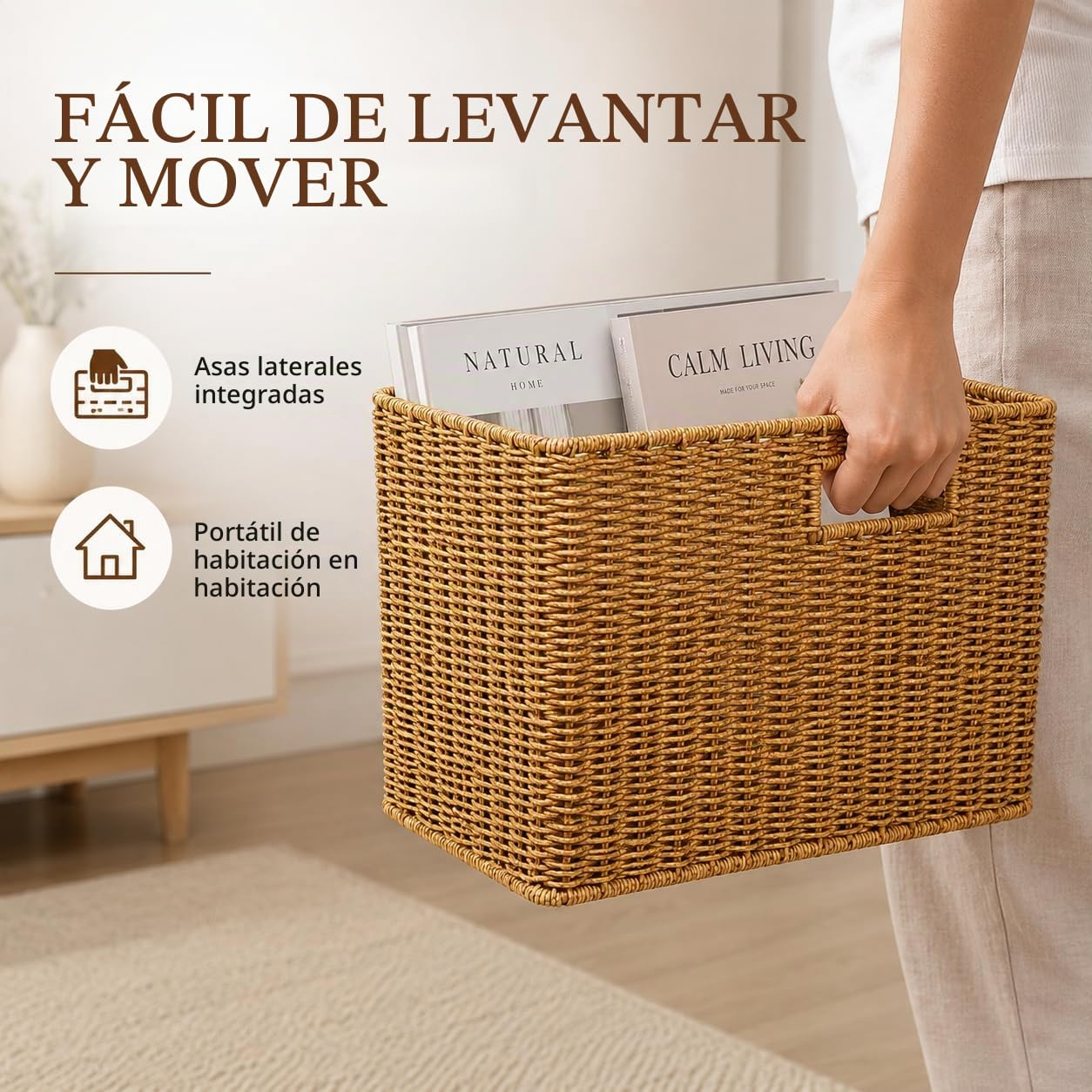 Healeved Cesta de almacenamiento tejida estilo ratán organizador de escritorio con asas huecas, cesta de almacenamiento de revistas, cesta para cosméticos, aperitivos y objetos pequeños, 14.96 x 10.24