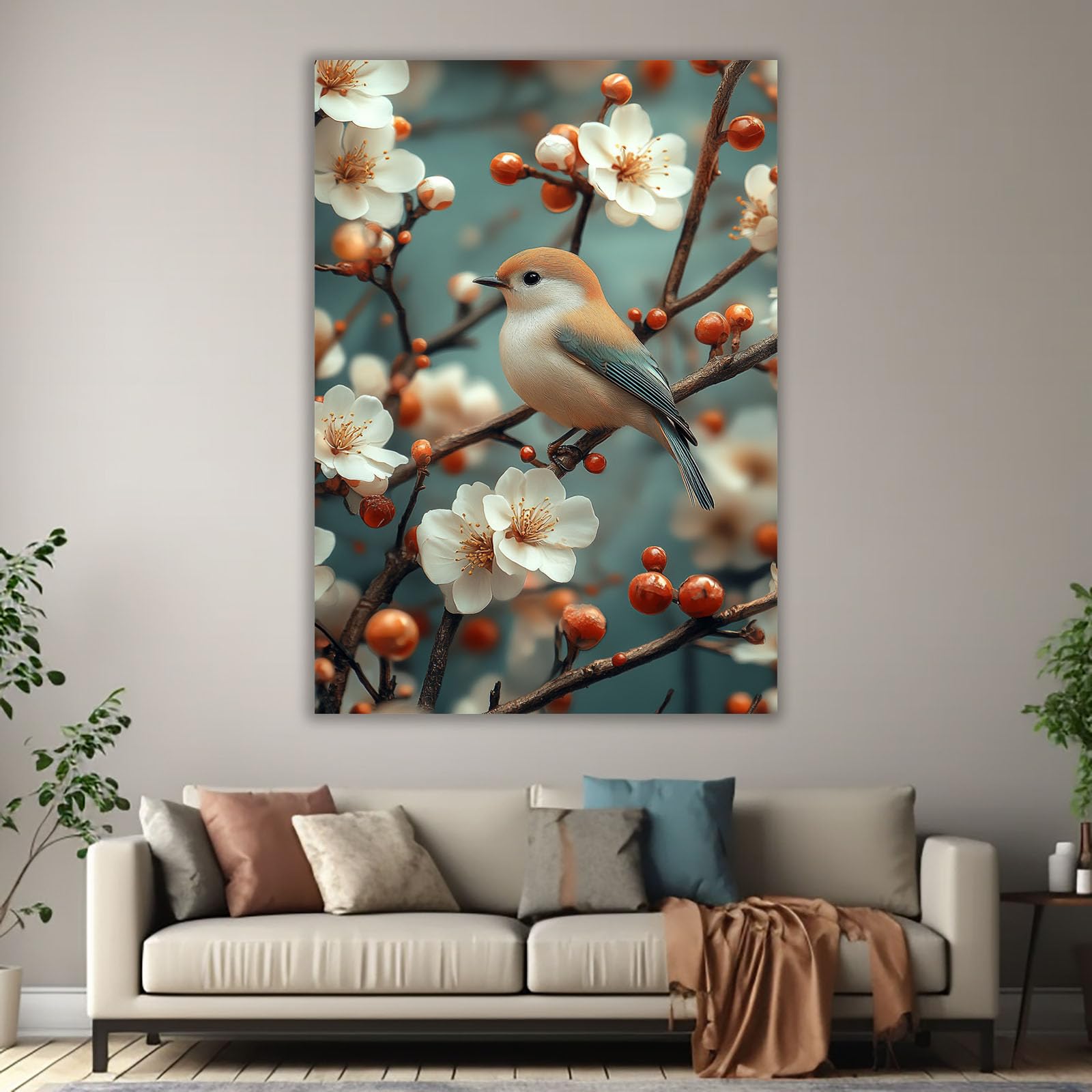 TERUEA Póster lienzo impreso con flores abstractas, Flores blancas y pájaros Cuadros para Salon Foto con Lienzo Canvas Laminas Cuadro Dormitorio（Blanco-80x120cm Enmarcado