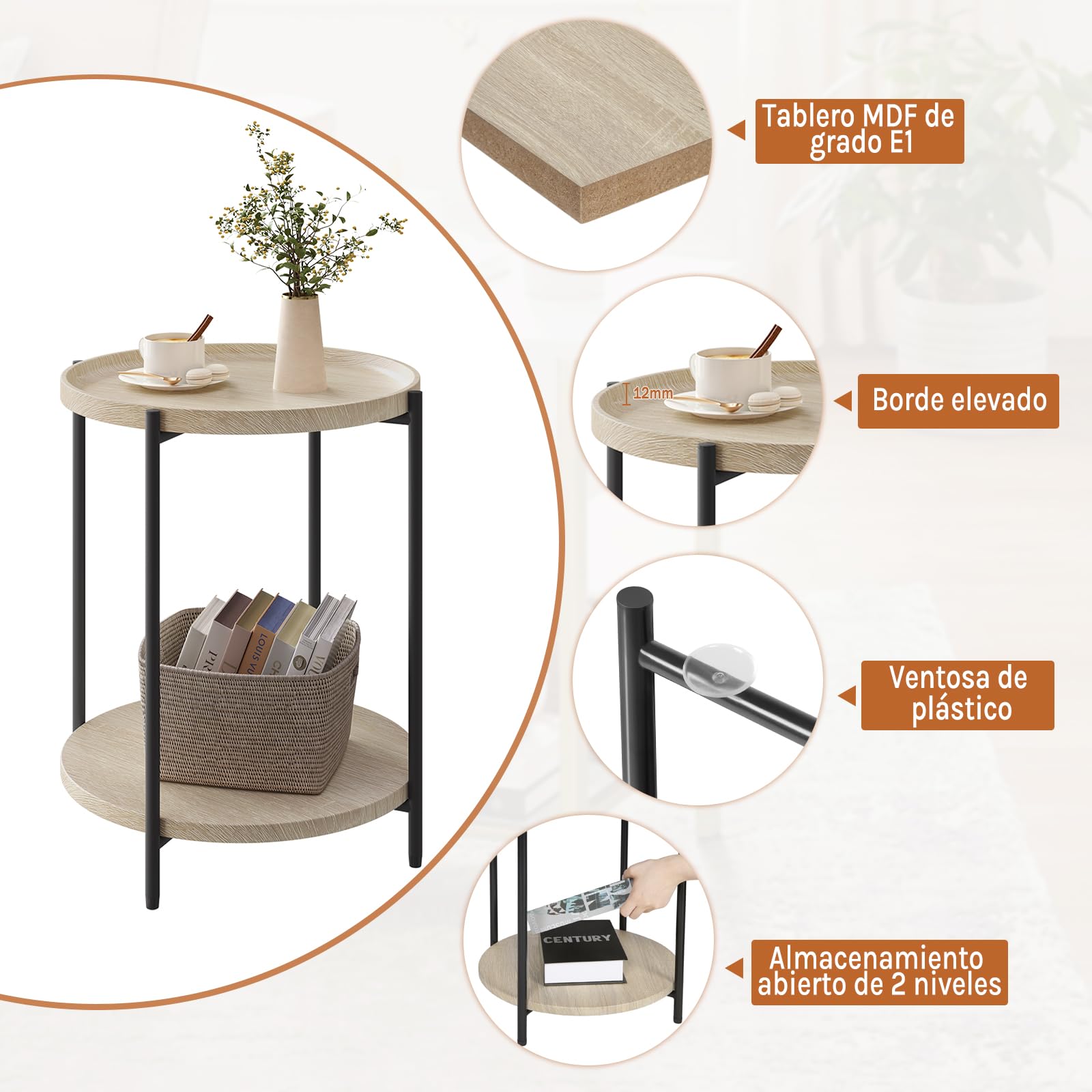WOLTU Mesa de Centro, Mesa Auxiliar Redonda con 2 Estantes, Mesita de Noche, Mesilla para Sofá Dormitorio y Salon, MDF+Metal, Roble Claro y Negro, 43x43x51 cm, BTS06hei