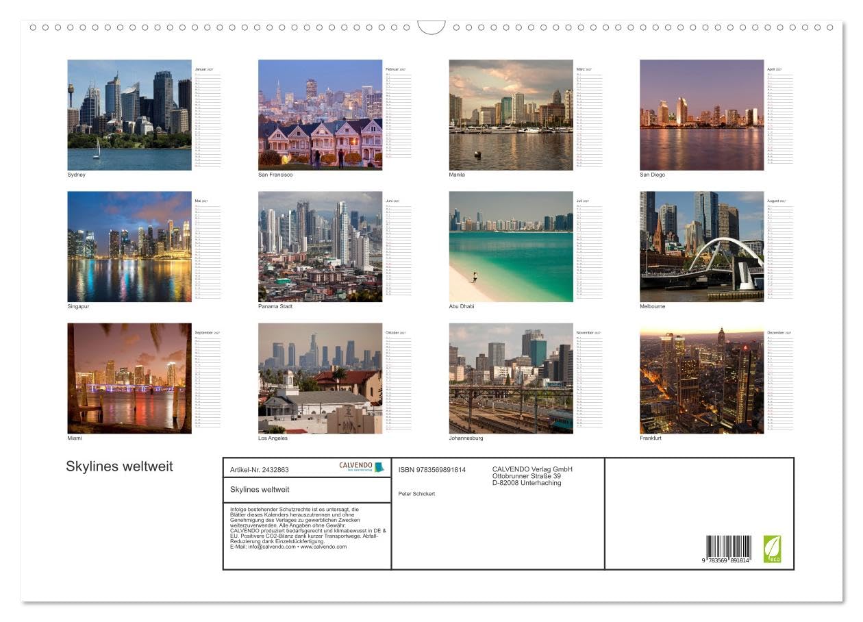 CALVENDO - Skylines weltweit (Wandkalender 2027 DIN A2 quer), Monatskalender: 13 urbane Ansichten von Skylines auf 5 Kontinenten