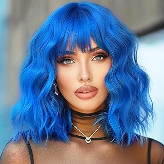Colorfulpanda - Pelucas cortas de color azul bob para mujer, longitud al hombro, ondulada, rizada, con flecos, pelo sintético natural, resistente al calor, peluca de fiesta diaria de 14 pulgadas