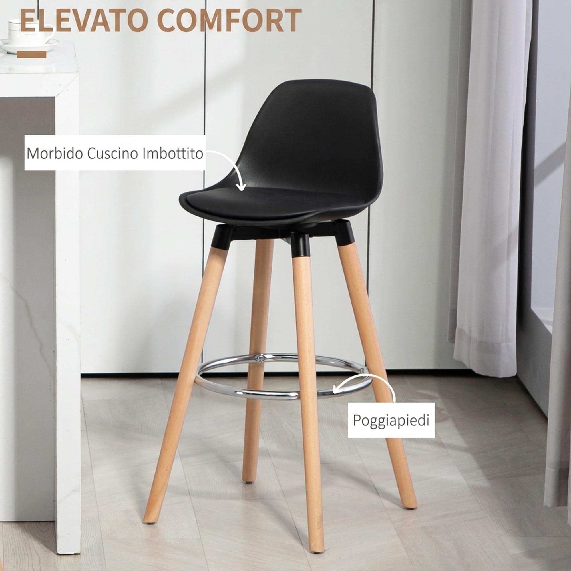 HOMCOM Set 2 Sgabelli Bar in PU Moderni, Seduta Alta 69 cm Imbottita Nero