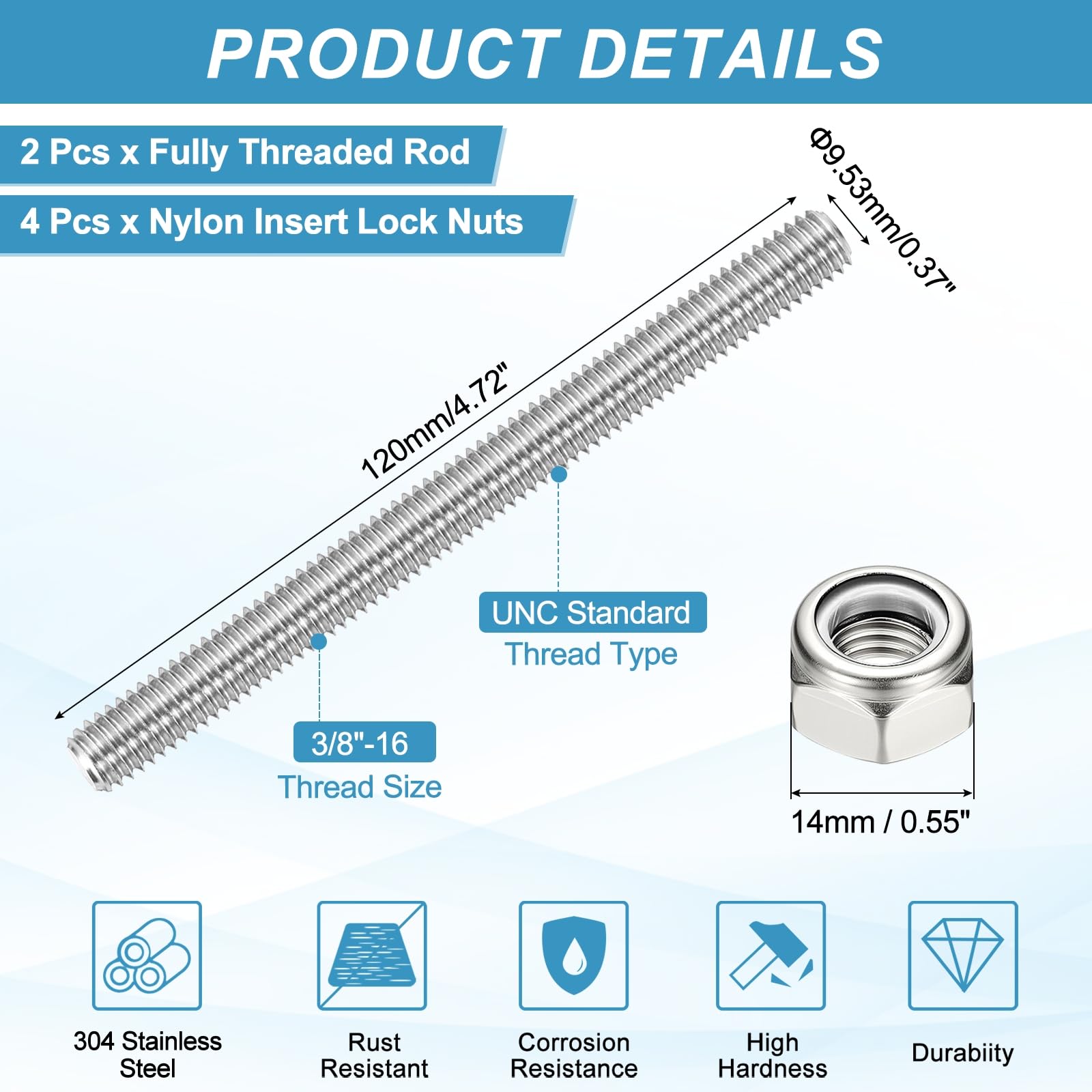 PATIKIL 2Pcs 3/8"-16x120mm Threaded Rods with Hex Nuts - Image 2