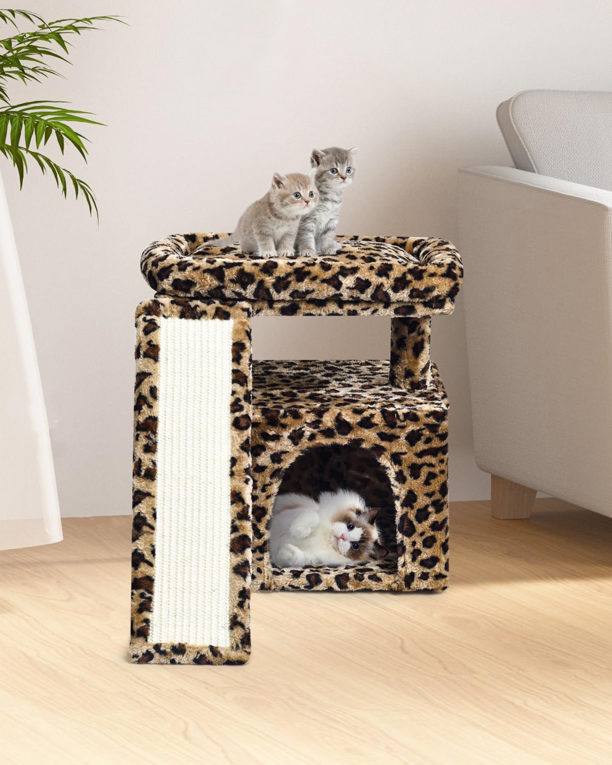 Small Leopard Print Cat Tree for Indoor Cats | Short Tower with Scratching Post, Ramp Pad, Condo with Perch Bed, Kittens Play House, Hanging Plush Ball & Cave for Resting (Leopard Print)
