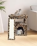 Petit arbre de chat imprimé Leopard pour les chats intérieurs. Tour courte avec poste de scratching, pad ambulant, condo avec lit de perche, maison de jeux de chatons, boule en peluche suspendue & Cave pour le repos (Imprimé léopard)