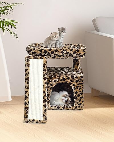 Vista 6 de Small Leopard Print Cat Tree for Indoor Cats Short Tower with Scratching Post, Ramp Pad, Condo with Perch Bed, Kittens Play House, Hanging Plush