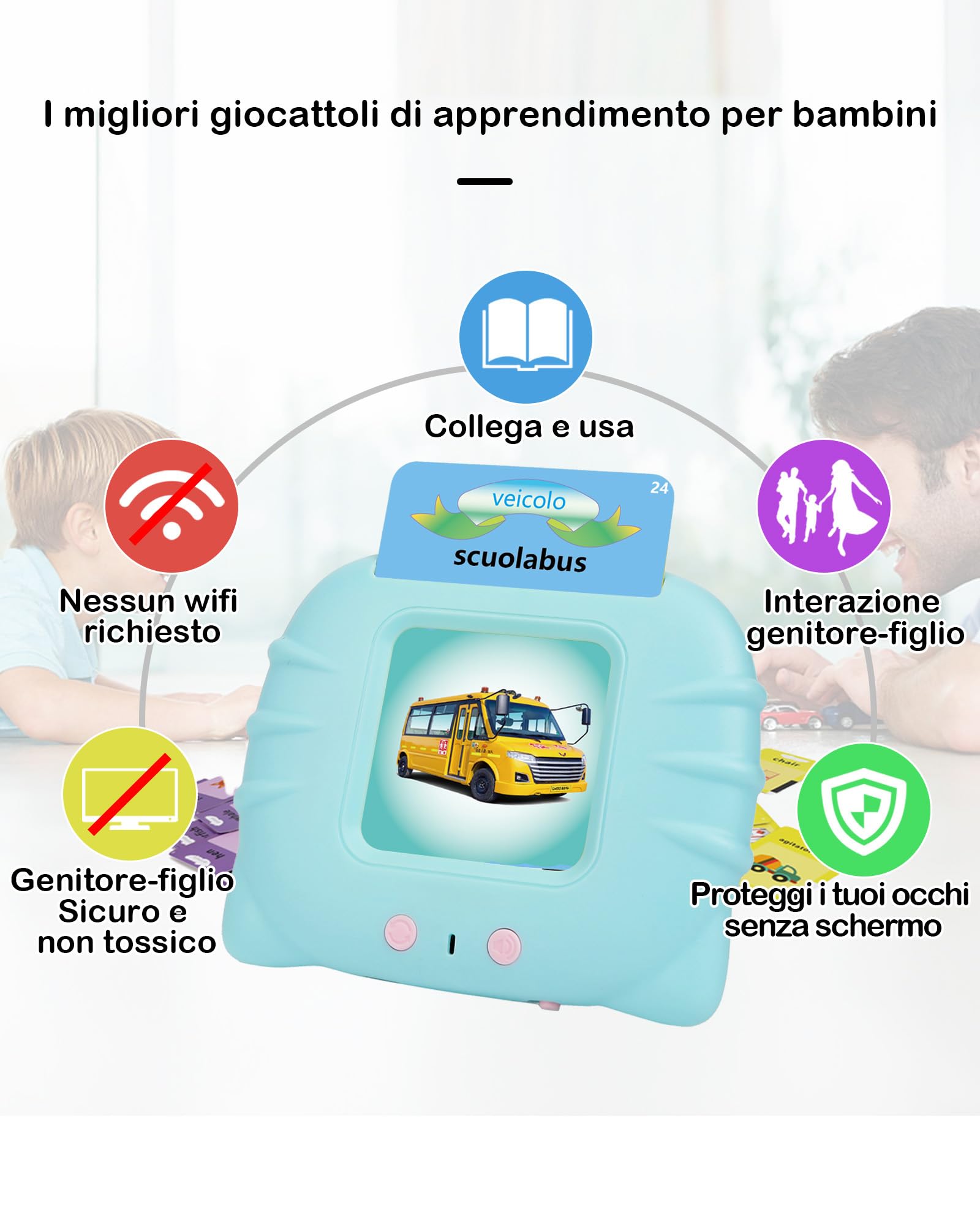 Schede flash parlanti, giocattoli per bambini da 1 a 12 anni, giocattoli educativi per bambini in età prescolare, per l'ascolto e l'apprendimento di base, 224 parole (colore azzurro, in italiano)