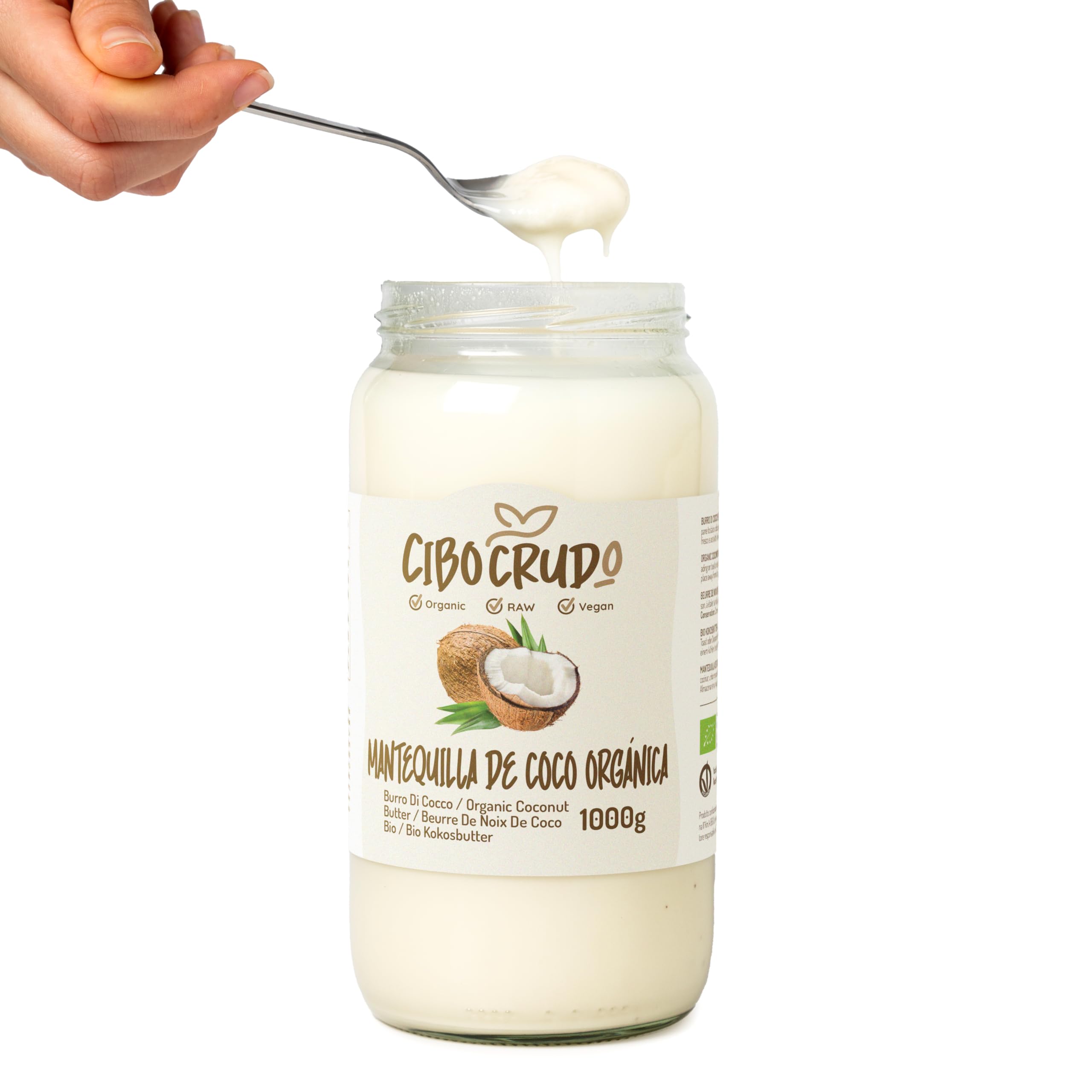 Crema de Coco Ecológica - 1l. Mantequilla de Coco Ecológica Extraída en Frío Sin Azúcar. Ideal para cocinar dulces de coco y pasteles veganos. No untable. Mantequilla Cruda