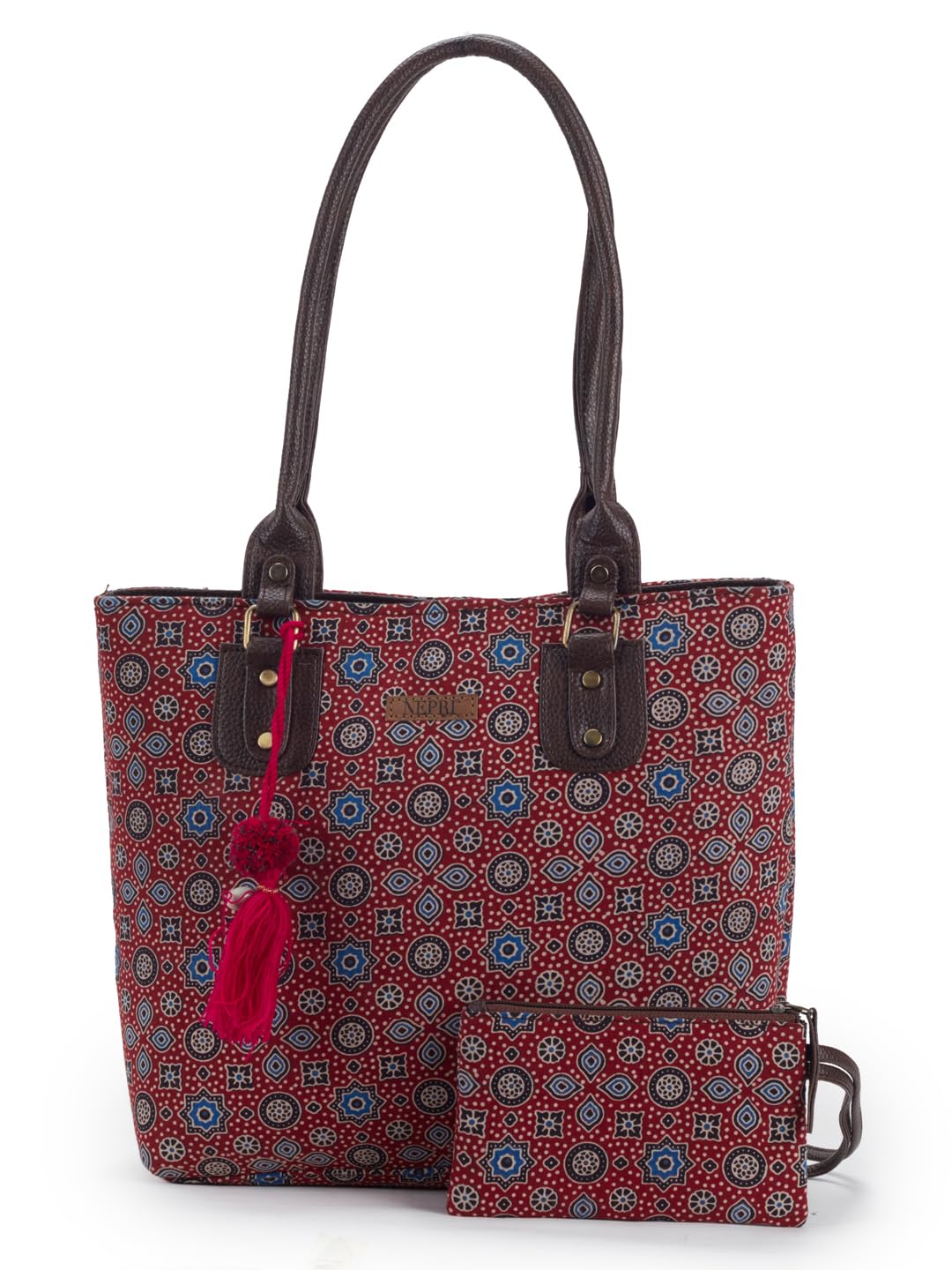 nepri Office Pouch Tote Bag | Stylish Set of 2 Tote Bags for Women| Vegan Leather & Handblock Printed Fabric Handbag with Double Handle Shoulder Strap| Daily & Travel Use-picture-27
