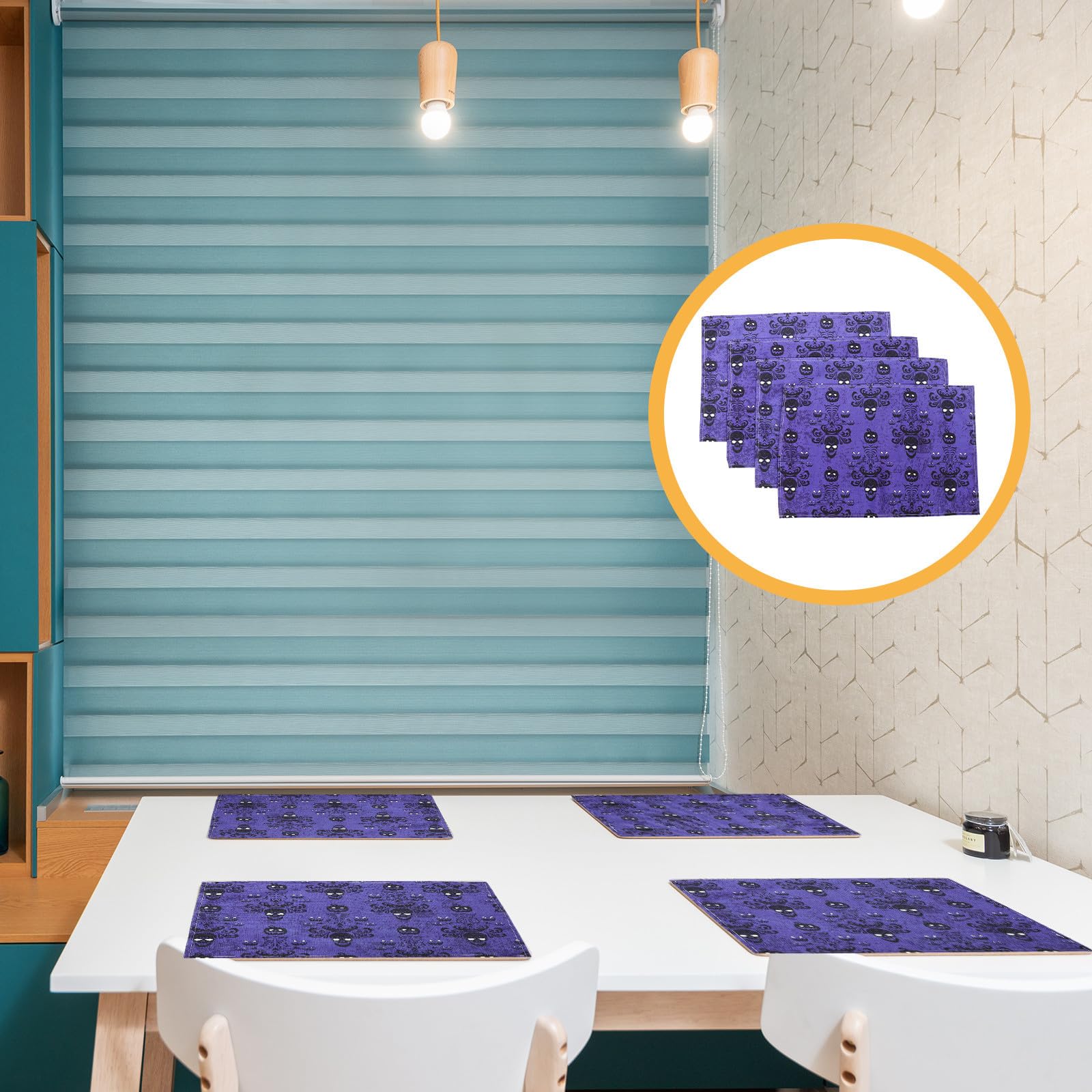 Abaodam 12 Pezzi Tovaglietta Americana in Cotone e Lino Porpora Rettangolare Pieghevole Motivo Scheletro e Zucca per Decorazioni da Tavola di Halloween Protezione Desktop