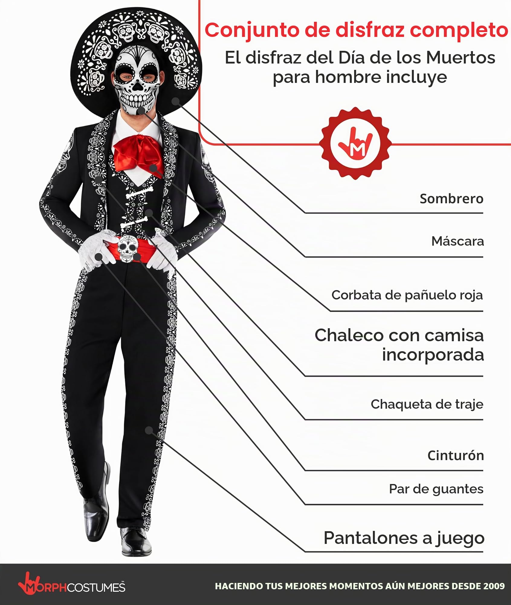Morph Disfraz Catrina Mariachi Hombre Día Muertos Esqueleto Chaqueta Chaleco Pantalón Sombrero Máscara Calavera