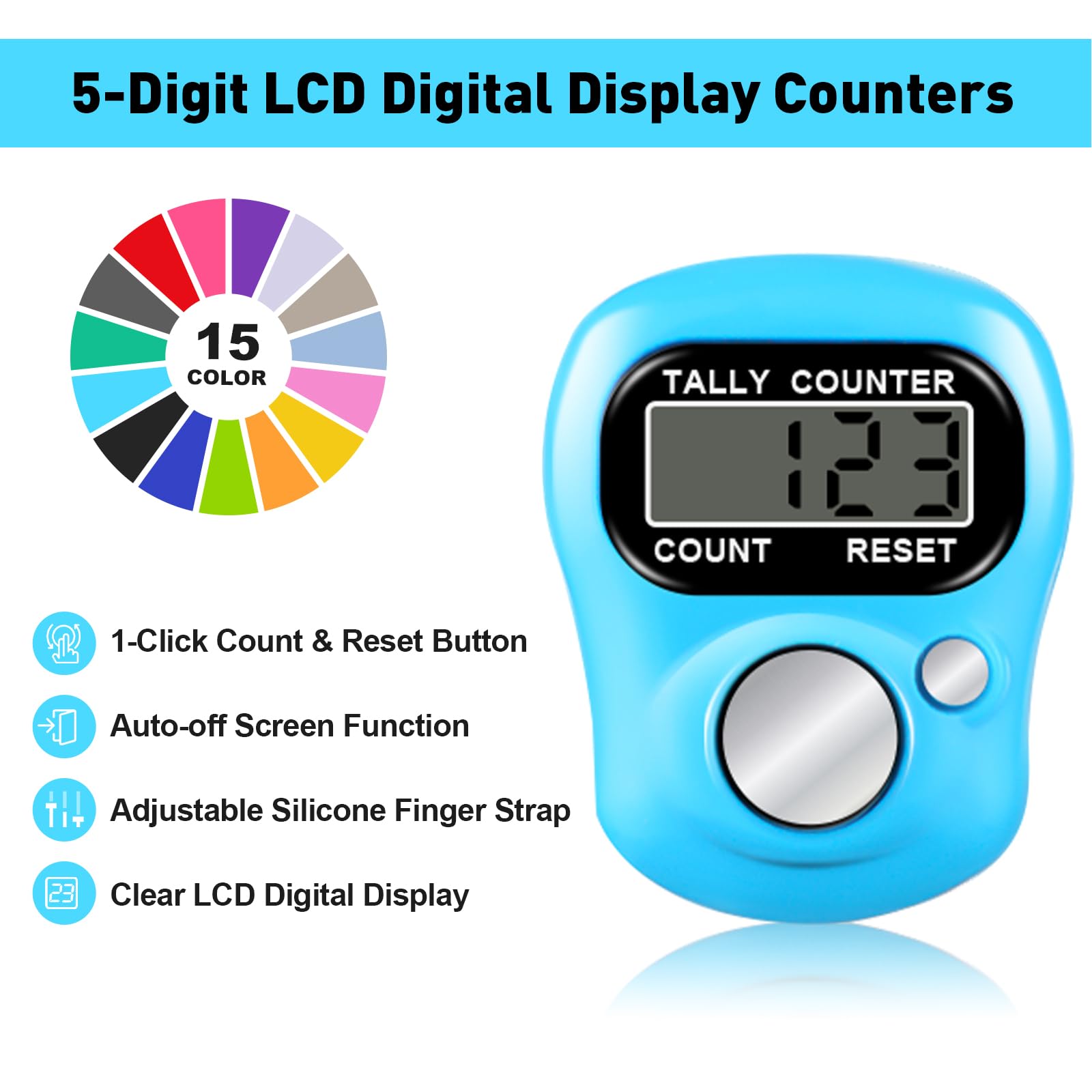ALDMIO 15 Pcs Electronic Finger Counter, 5 Digital Finger Counter, Resettable Hand Tally Clicker Counter for Counting Numbers Knitting Coaching Golf Lap Fishing School Sports Event