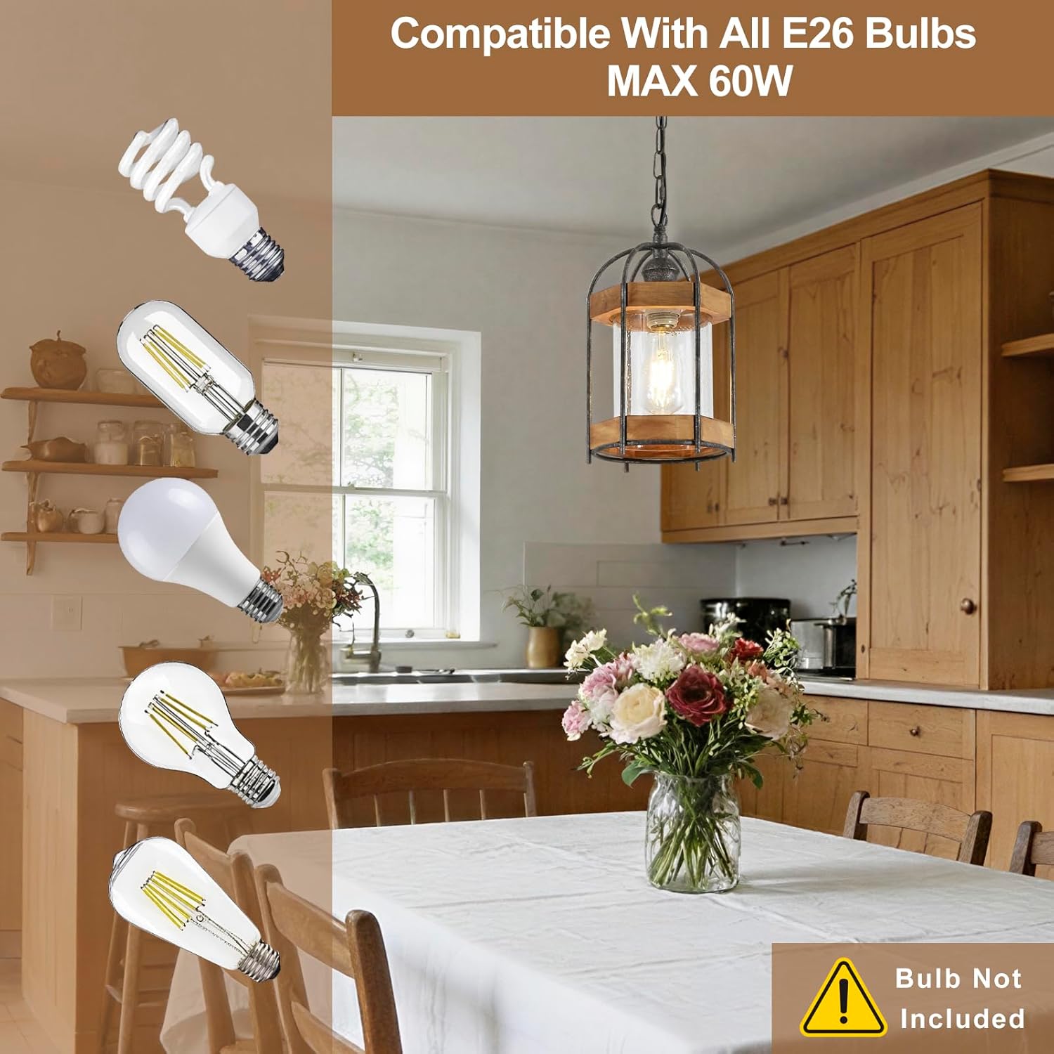 Rustic Wood Pendant Light Fixture, Farmhouse Adjustable Ceiling Hanging Fixture with Seed Glass, Chandelier with Wood and Rusty Silver Metal Finish for Kitchen Island Sink Hallway Bathroom Bar Foyer