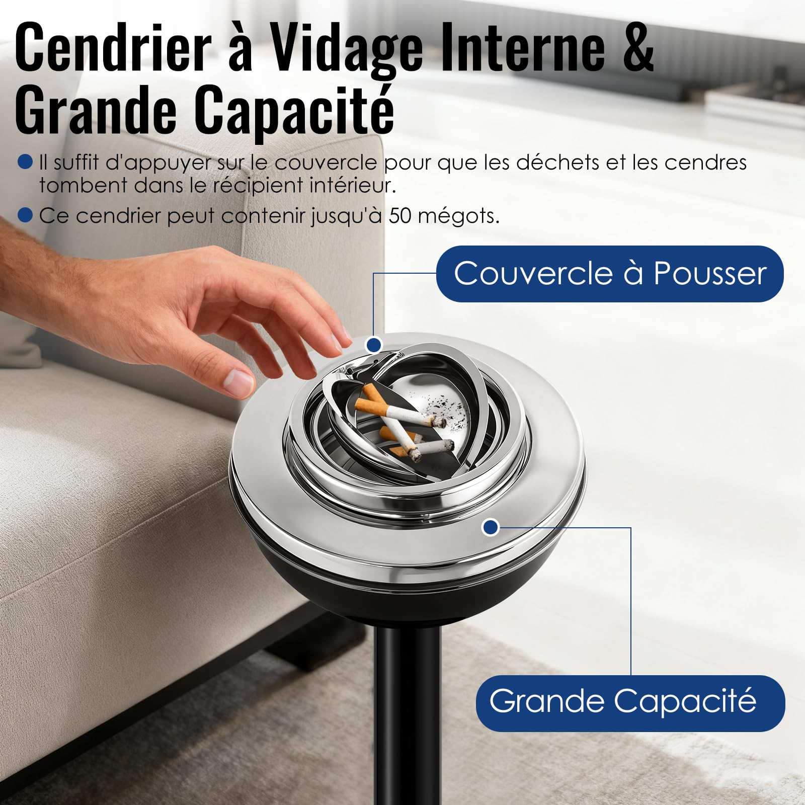 Cendrier Exterieur sur Pied, Cendrier Anti Odeur pour Interieur | Cendrier sur Pied Exterieur Réglable De 42 Cm À 61 Cm, Cendrier Cigare Amovible avec Couvercle & Avec Socle Lesté, Noir