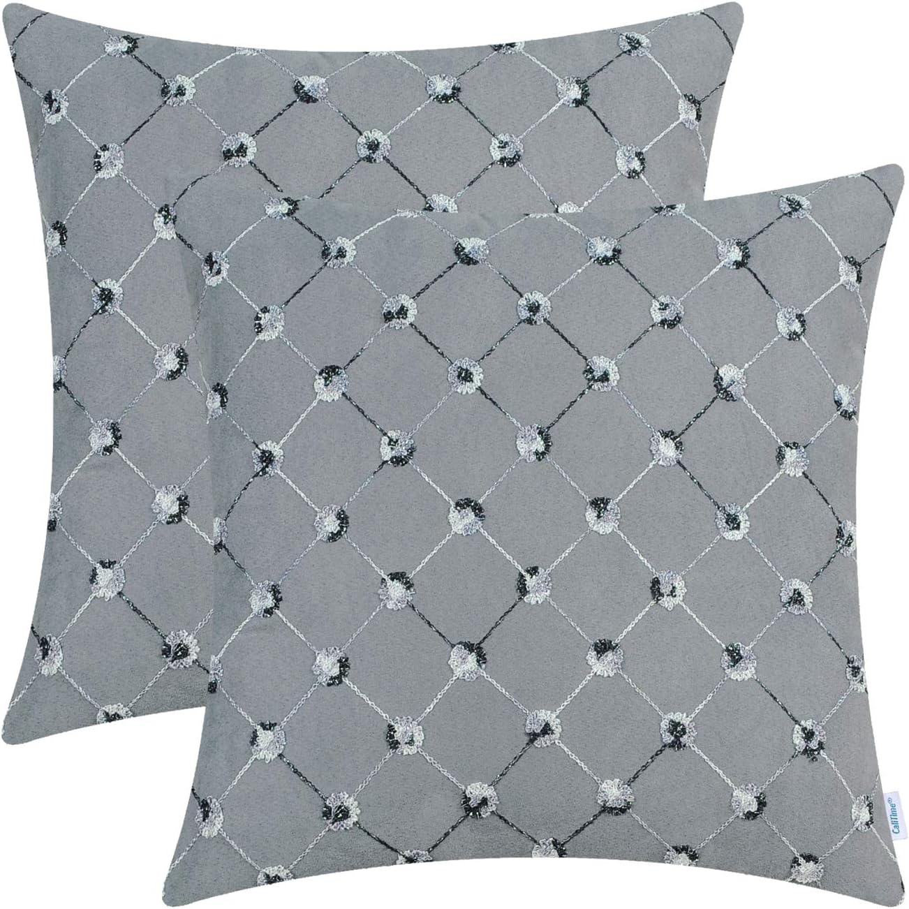 CaliTime Pack of 2 Supersoft Throw Pillow Covers Cases for Couch Bed Sofa Decor Modern Diamonds Shape Trellis Geometric Chain Embroidered 18 X 18 Inches Medium Grey