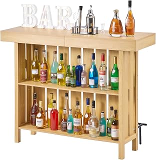 VEVOR Home Bar Unit, Wine Bar Cabinet Table 3-Tier with Storage Shelves, Opener Storage Box & Adjustable Foot Pads, Black Footrest, Wood & Metal Liquor Cabinet for Home, Basement, Kitchen, Living Room