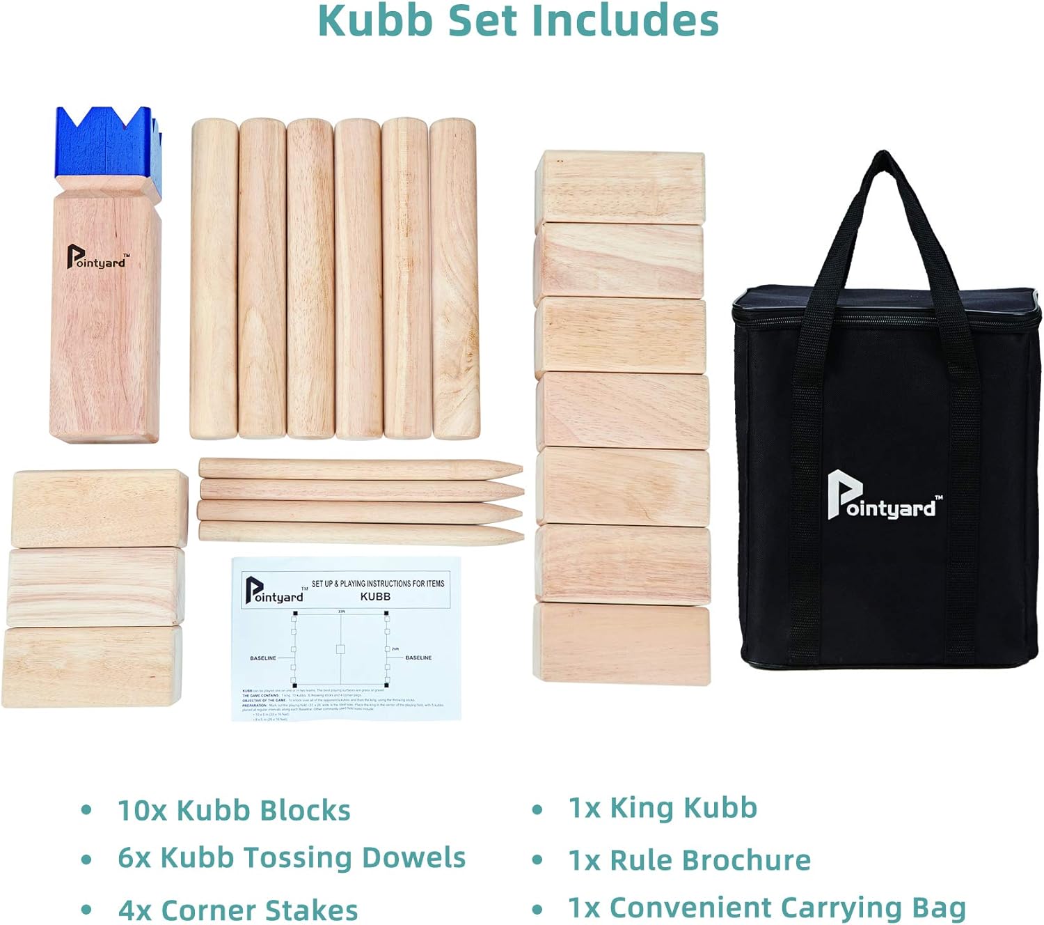 Pointyard Kubb Yard Game Set for Adults & Families - Viking Chess Outdoor New Zealand Pine Wooden Toss Game with 10 Blocks, 6 Batons, Carrying Bag | Perfect for Backyard Party BBQ Lawn Camping Beach