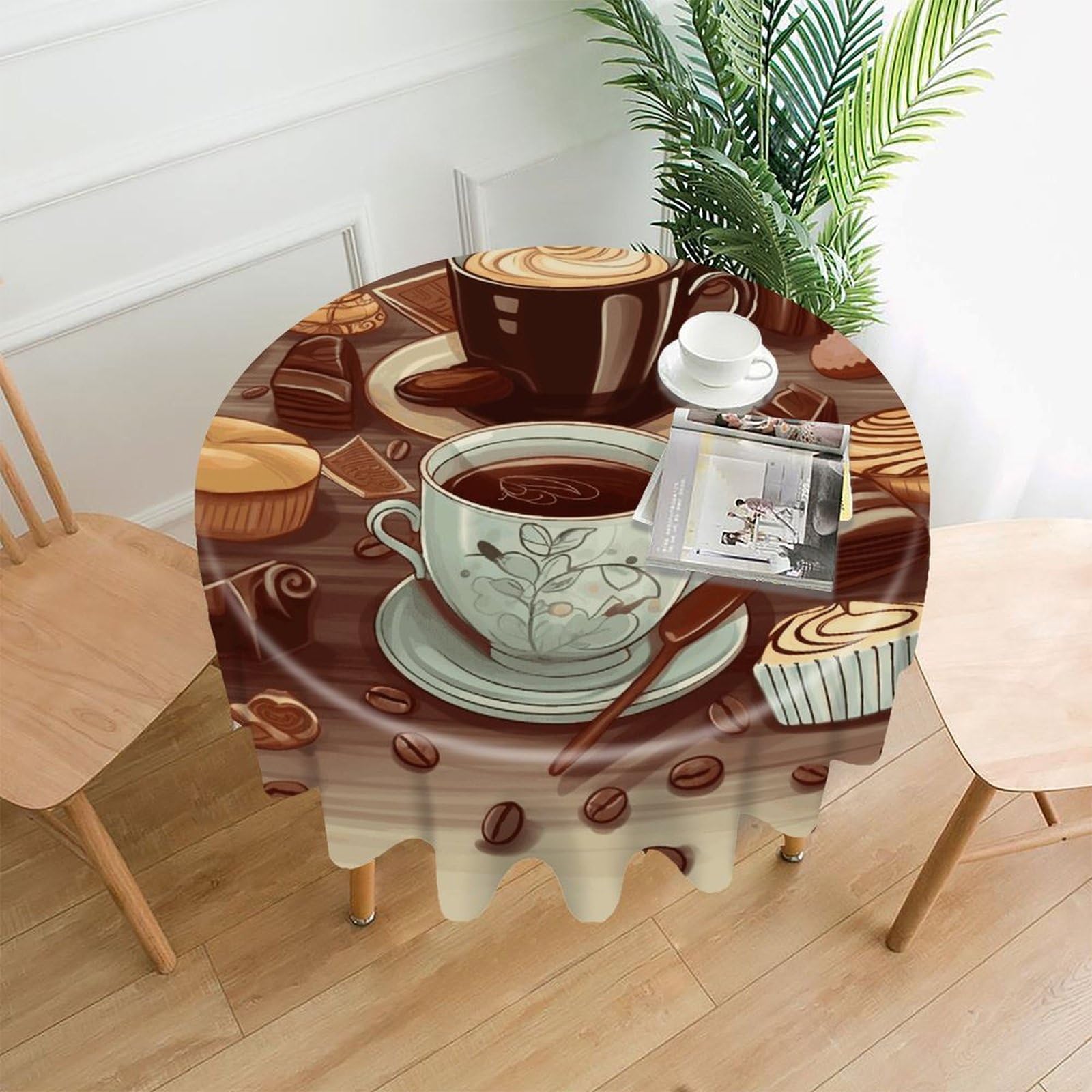 FodPand Coffee and Sweets Sugar Chocolate Round Tablecloth - 60 Inch Premium Polyester Table Cloth, Fashion Wrinkle Resistant Decorative Table Cover for Dining Kitchen Party Buffet Tables