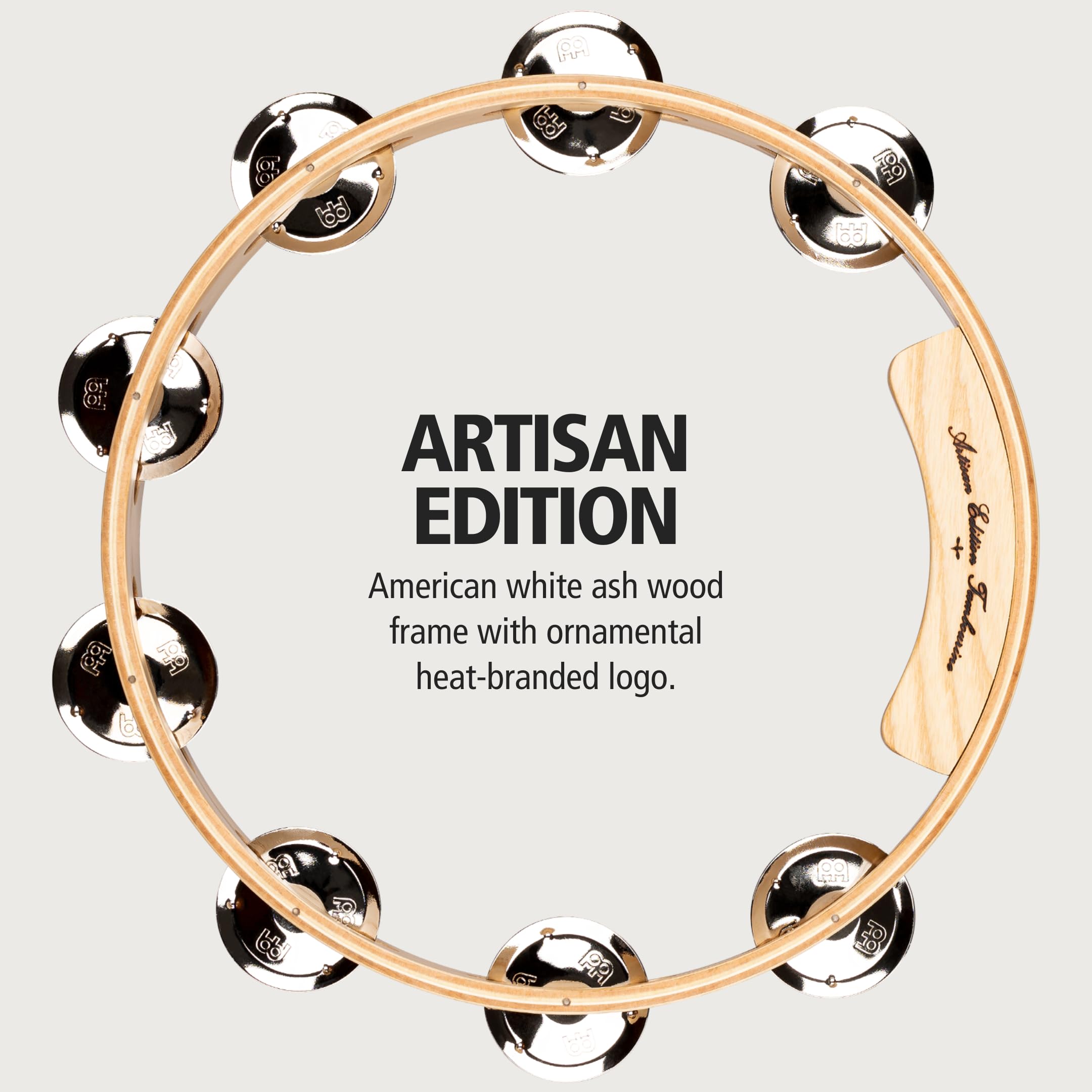 Meinl Percussion Artisan Edition Pandereta con jingles de acero chapado en níquel, una sola fila, no fabricado en China, marco de fresno blanco americano, AE-ATA1S