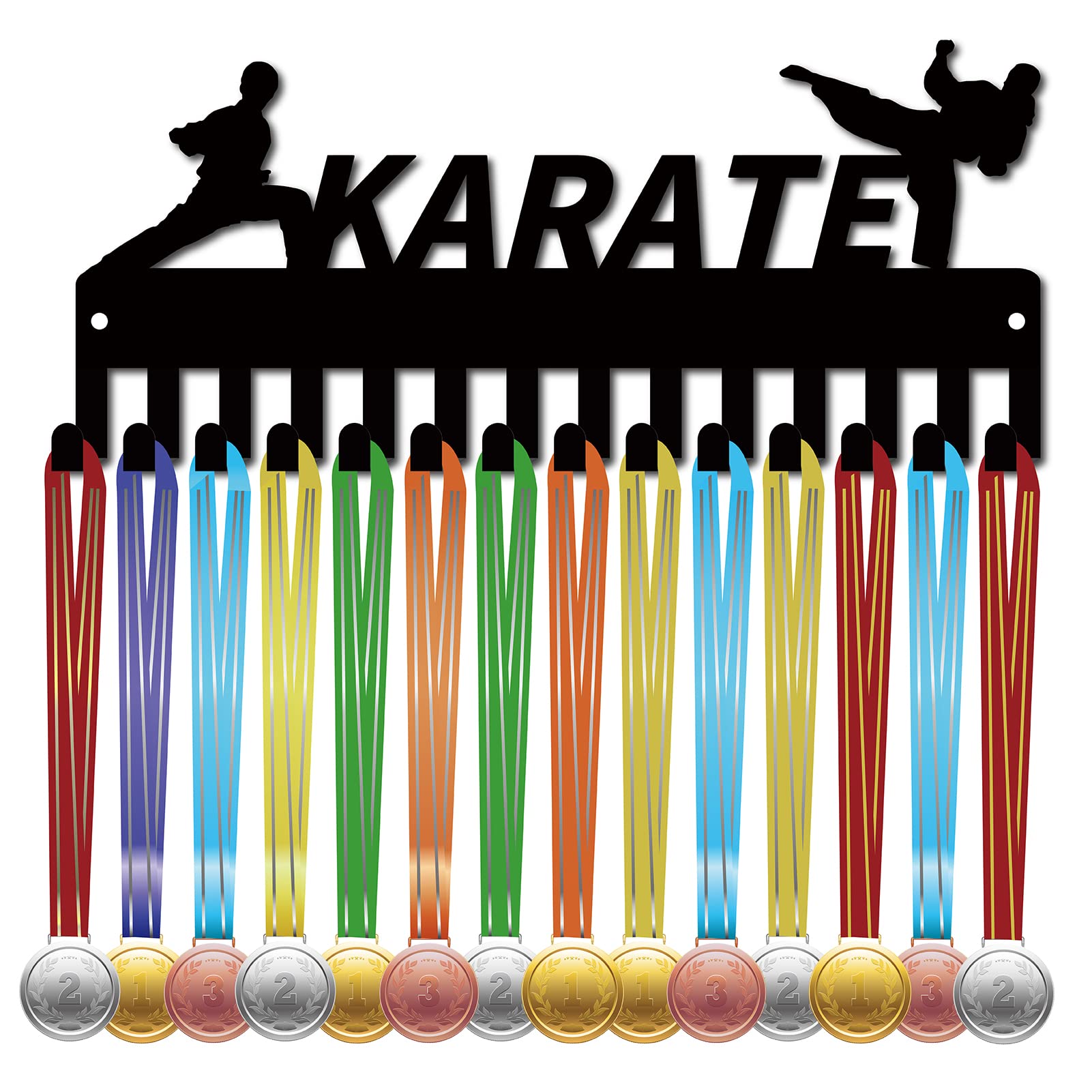 CREATCABIN Appendiabiti Porta Medaglie Karate Espositore Rack Sport Metallo Appeso Premi Ferro Piccolo Supporto Decor 14 Ganci per Parete Casa Distintivo Corsa Ginnastica Nuoto Nero 29x12.5cm