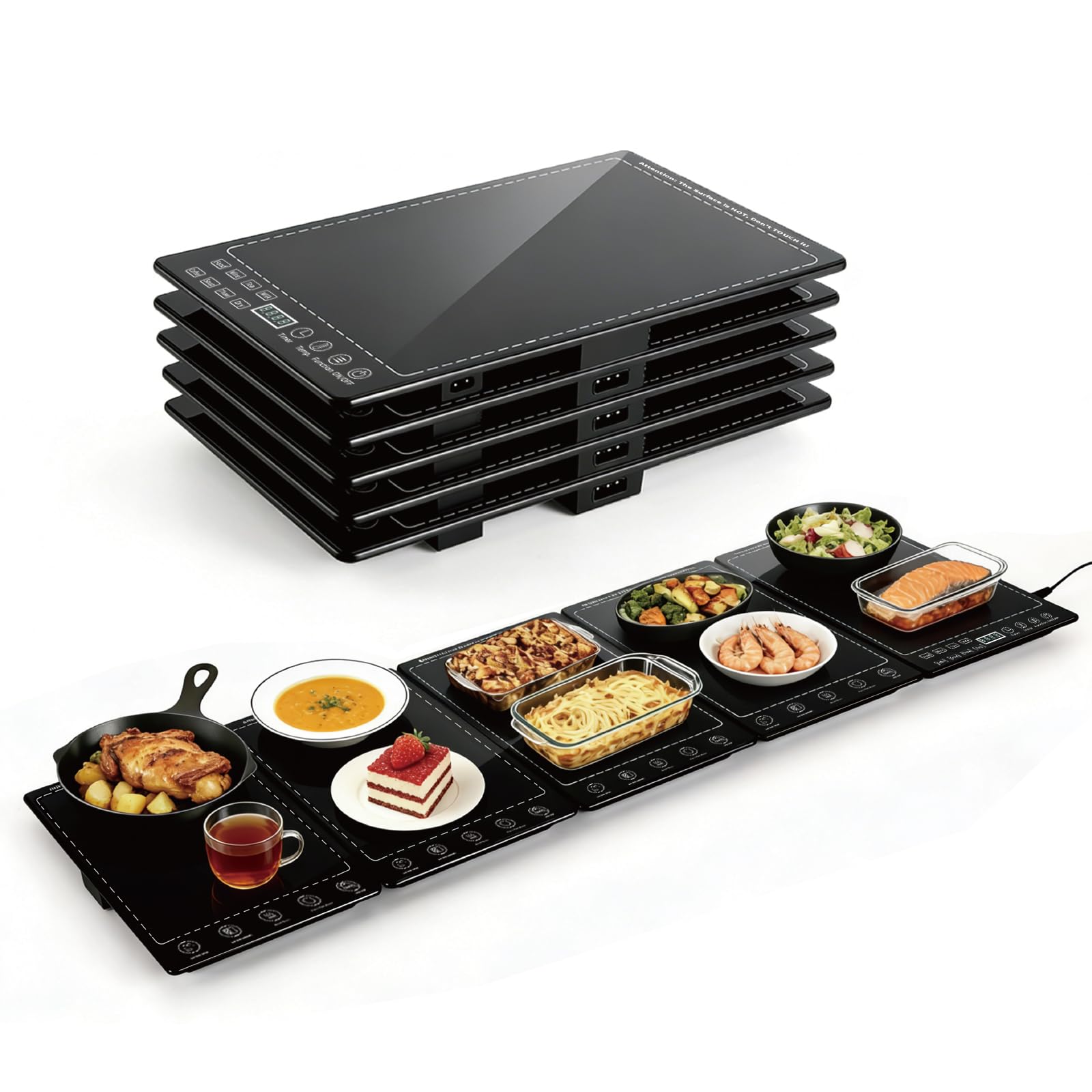 Bandeja de calentamiento eléctrica, calentadores eléctricos modulares 5 en 1 con 10 ajustes de calor y temporizador de 12 horas, alfombrilla de calentamiento de 41 x 15 pulgadas para alimentos