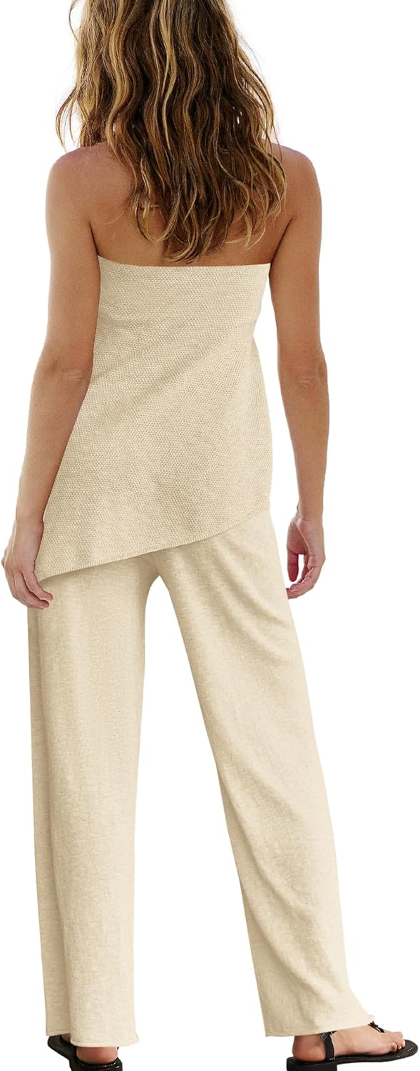 Panadila Womens Off Shoulder Sweater Set 2 Piece Outfits Summer Vacation Knit Matching Lounge Set Tube Top and Pants Set - Image 4