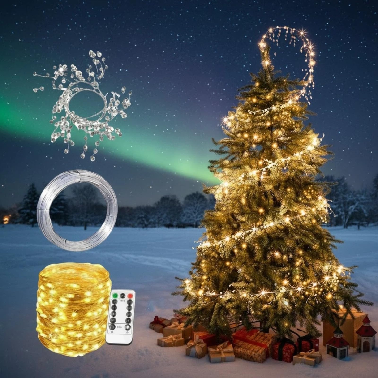Floating Spiral Christmas Tree Lights, Spiral Lights for Christmas Tree with Remote, 300 LED Warm White Crystal-Bead String Lights, USB Powered DIY Xmas Tree Gift Decor for Holiday Season