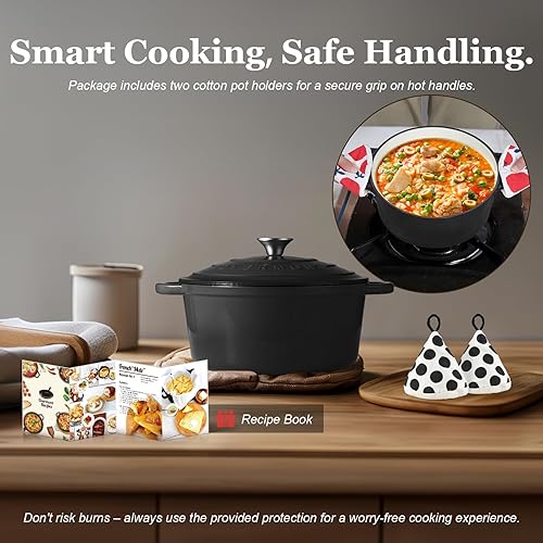 Vista 76 de Overmont Horno holandés de hierro fundido esmaltado de 5.5 cuartos de galón con tapa, cacerola resistente con asas dobles para estofar, guisos