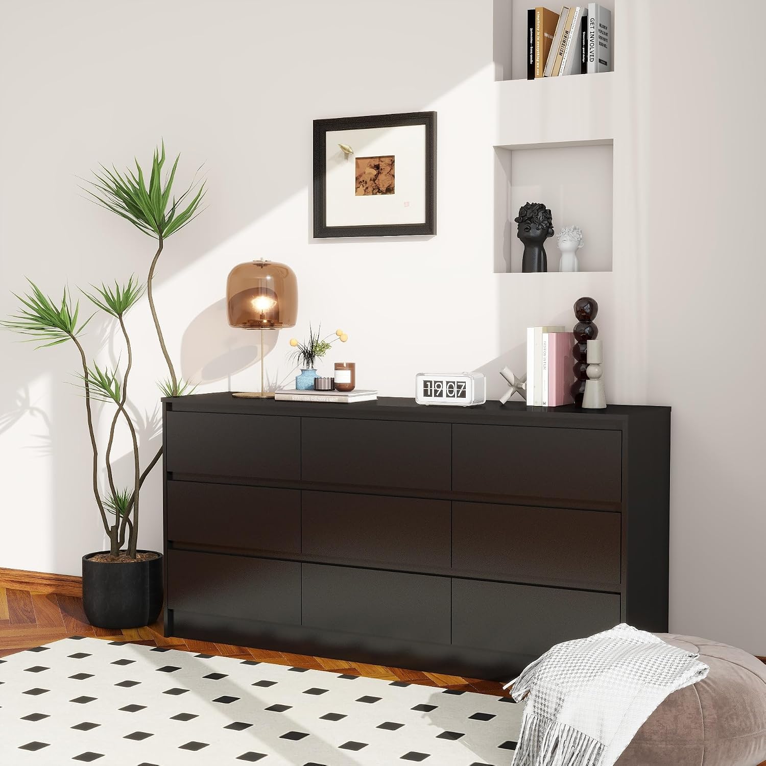 Panana Modern 9 Drawer Wood Dresser for Bedroom, Large Floor Storage Drawer Cabinet Lateral Chest of Drawers Handle Free Organizer for Closet Living Room (Black, 9 Drawer)