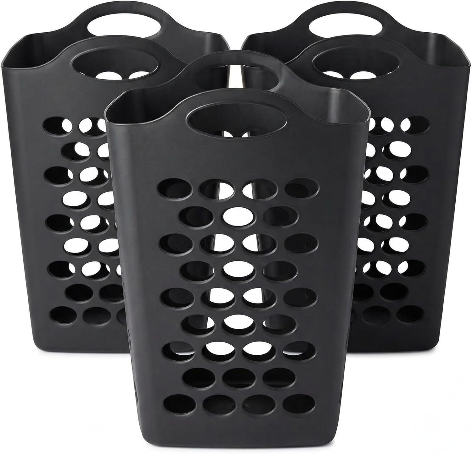 3-Pack Flexible Plastic Laundry Hamper, 2 Bushel Large Capacity Square Clothes Basket with Integrated Easy-Carry Handles, Breathable Ventilated Design for Laundry Room, Black (1)